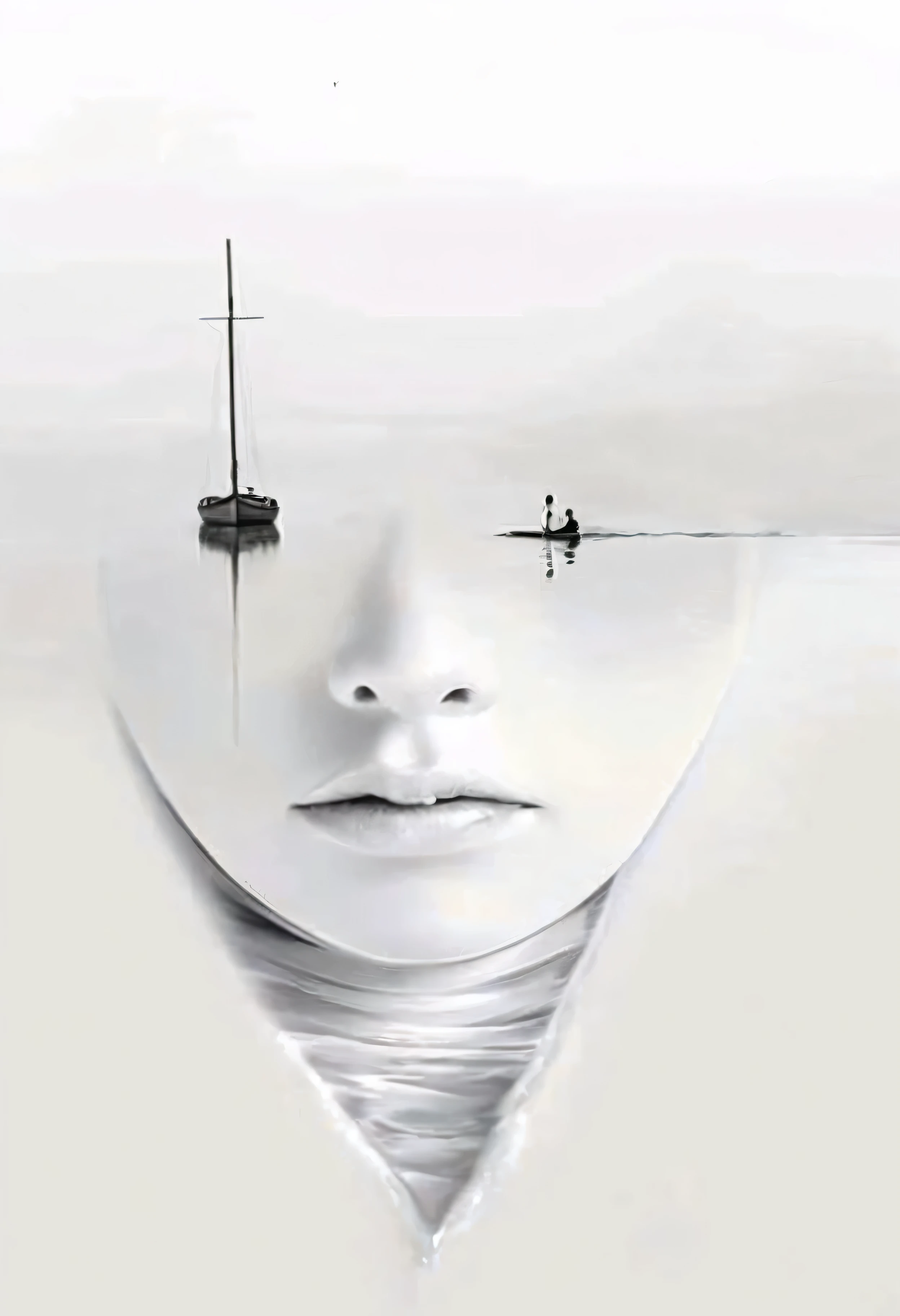 Da ist eine Frau mit einem Boot im Wasser hinter ihr, emotional surrealistische Kunst, Schwarz and white artwork, melancholische Kunst, Emotionales Bild, surreale Kunst, surrealistische Kunst, digitales Kunstbild, digital art - w 0, Surrealismus!!!!, Schwarz and white image, surrealistische Kunstwork, Dreaming Face, Surrealismus art, Schwarz & white art