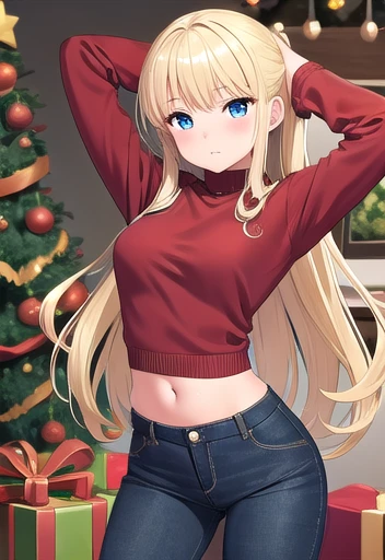 masterpiece,best quality,ultra detail,girl, , black jeans sweater, christmas tree, blonde hair, blue eyes, long hair, arms up, blush, wide hips, small breasts