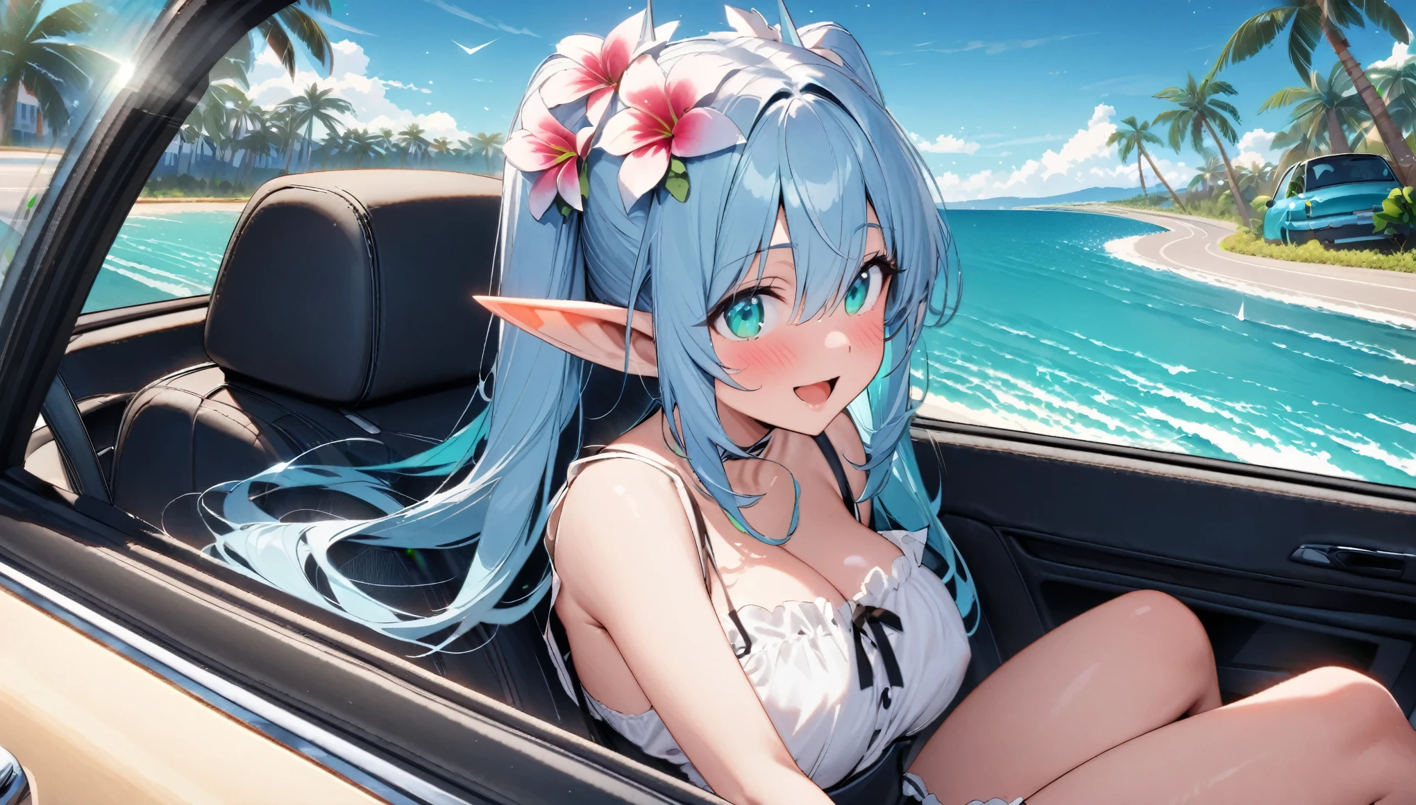 (masterpiece, best quality), 1 elven girl, ( bear breasts, thigh), (light blue hair, twin tails ,very long hair is fluttering in the wind), hair between eyes, multi colored hair,hair flower ornament ,(blush, smile, aqua eyes), open mouth, maid uniform,
((((undone clothing)))), (Open the front of the maid uniform chest very wide), large breasts, pointed ears, view from right side, (Cruising the highway in a car ) , (color of the car is white), ( the car has 2 seats), (the car has no roof), (passenger seat is left side in the car), (seating in the left seat in the car), looking at the sky, Palm trees line the shoreline