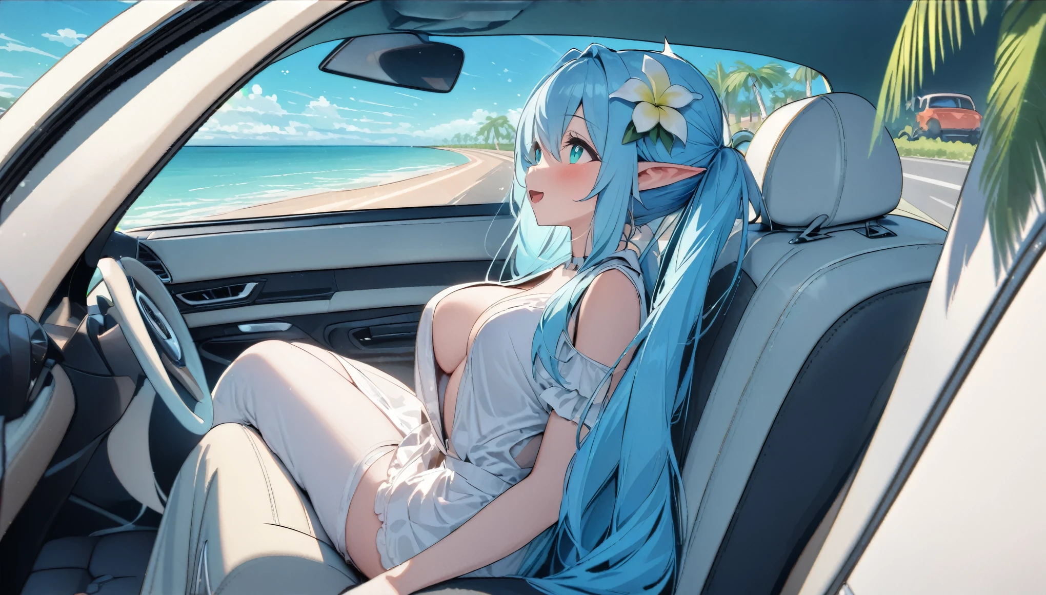  (masterpiece, best quality), 1 elven girl, ( bear breasts, thigh),  (light blue hair, twin tails ,very long hair is fluttering in the wind), hair between eyes, multi colored hair,hair flower ornament ,(blush, smile, aqua eyes), open mouth, maid uniform,    
 ((((undone clothing)))),  (Open the front of the maid uniform chest very wide), large breasts, pointed ears, view from right side, (Cruising the highway in a car ) , (color of the car is white), ( the car has 2 seats), (the car has no roof), (passenger seat is left side in the car), (seating in the left seat in the car), looking at the sky,  Palm trees line the shoreline 