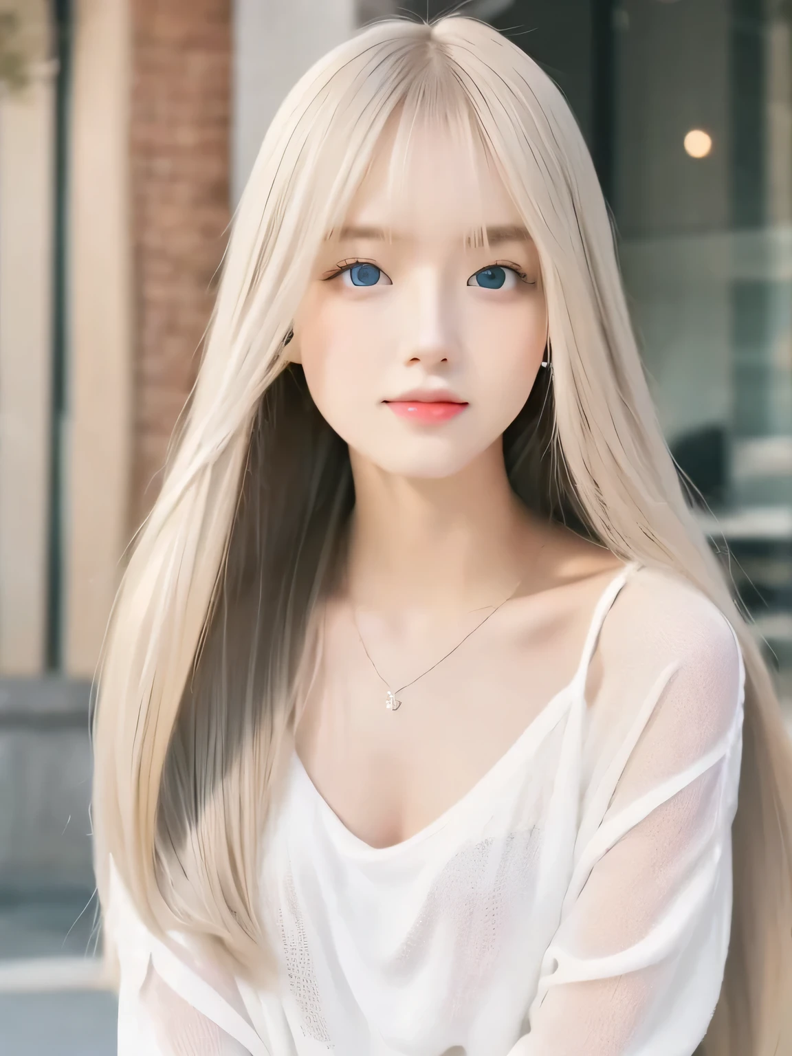 Super Long Straight Silk Hair、Beautiful blonde cute girl posing in white top、the most beautiful girl in the world、Very cute and beautiful good looks、real girls、23 year old girl、Beautiful very soft platinum blonde girl、big blue eyes、、small face beauty、With a round face、bright look、white and beautiful skin、shiny skin、Long bangs on the face,,,,、