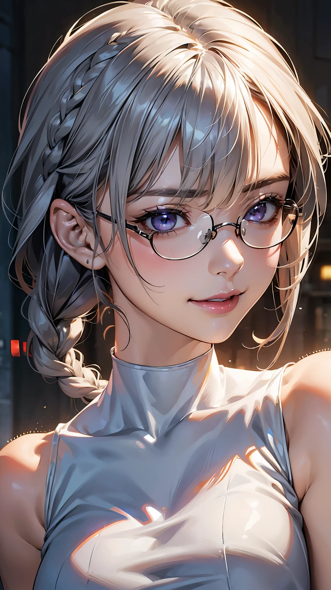 (NSFW:1.2), (8K, RAW photo, best image quality, masterpiece: 1.4), (Highly detailed CG Unity 8K wallpaper, highest quality, High resolution: 1.2), (ultra_be familiar with, UHD: 1.2), super highly be familiar with, (realistic, realistic: 1.48), 1 girl, focus only,(Braid:1.5), side lock, bangs, ((dark purple eyes:1.4, round eyes, beautiful eyelashes)), clear eyes, Glasses, Big breasts, very big breasts, shiny hair, beautiful be familiar with cold face, enchanting smile, Beautiful and delicate eyes with intricate details, very accurate details, skin dents, outdoor, perfect face, perfect body, beautiful eyes, beautiful face,(face focus),(Portrait:1.5),beautiful clavicle,upward glance,choker,(office lounge),very cute woman,(white tank top shirt:1.2),(silver asymmetric short braid hair:1.5),(looking down and glaring:1.2),