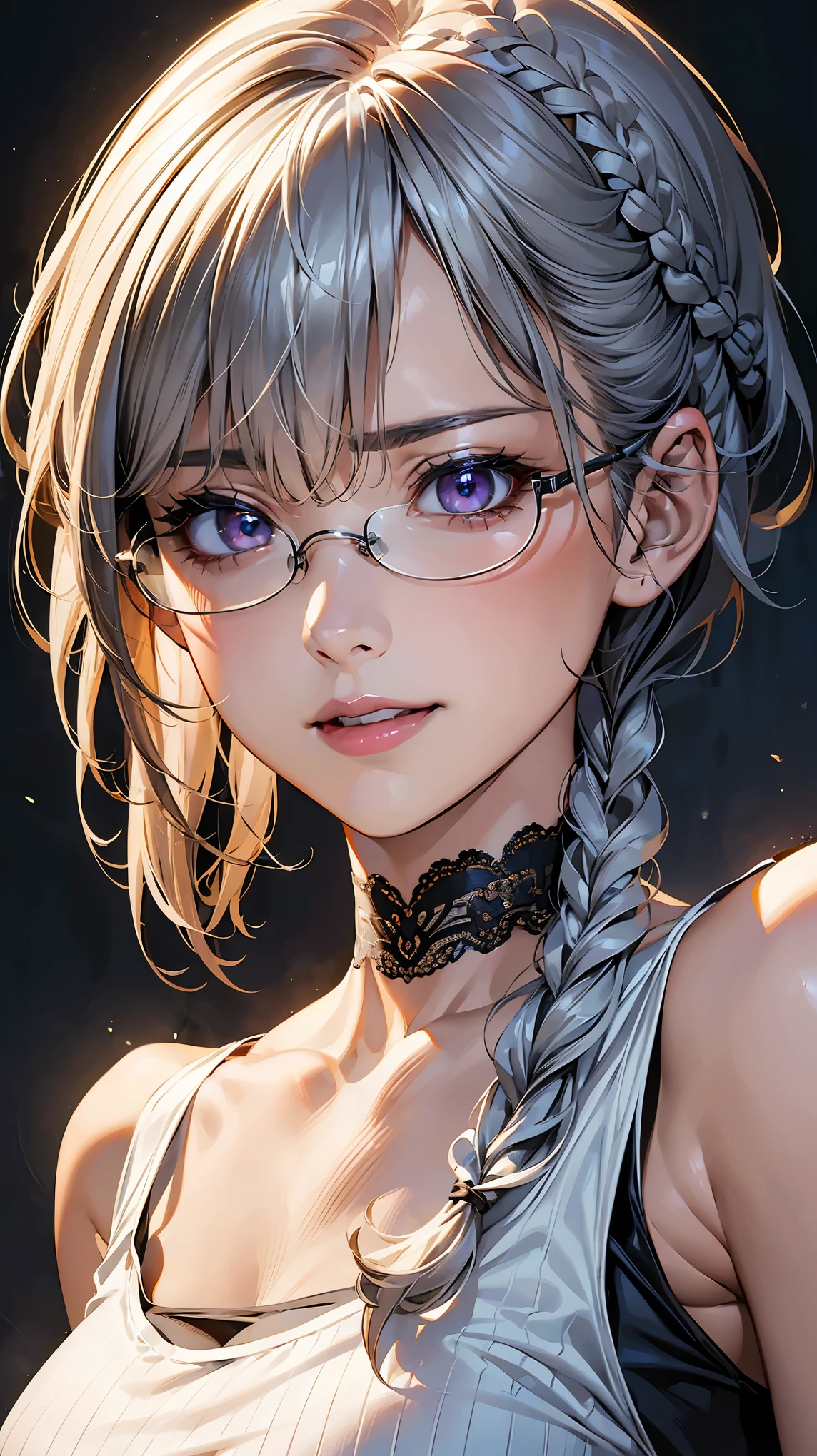 (NSFW:1.2), (8K, RAW photo, best image quality, masterpiece: 1.4), (Highly detailed CG Unity 8K wallpaper, highest quality, High resolution: 1.2), (ultra_be familiar with, UHD: 1.2), super highly be familiar with, (realistic, realistic: 1.48), 1 girl, focus only,(Braid:1.5), side lock, bangs, ((dark purple eyes:1.4, round eyes, beautiful eyelashes)), clear eyes, Glasses, Big breasts, very big breasts, shiny hair, beautiful be familiar with cold face, enchanting smile, Beautiful and delicate eyes with intricate details, very accurate details, skin dents, outdoor, perfect face, perfect body, beautiful eyes, beautiful face,(face focus),(Portrait:1.5),beautiful clavicle,upward glance,choker,(office lounge),very cute woman,(white tank top shirt:1.2),(silver asymmetric short braid hair:1.5),(looking down and glaring:1.2),