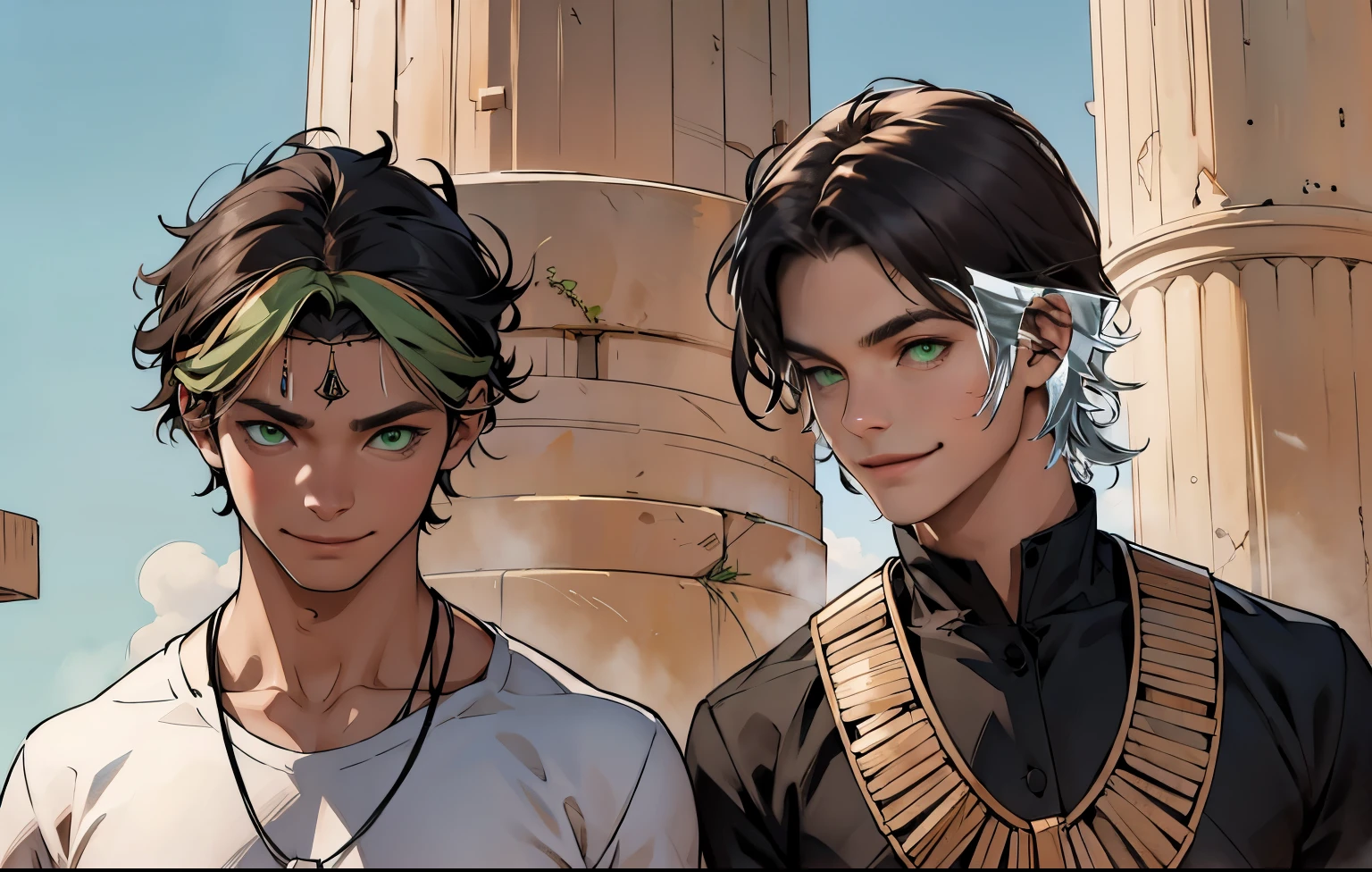 two cute 16-year-old boys with green eyes smile mischievously
