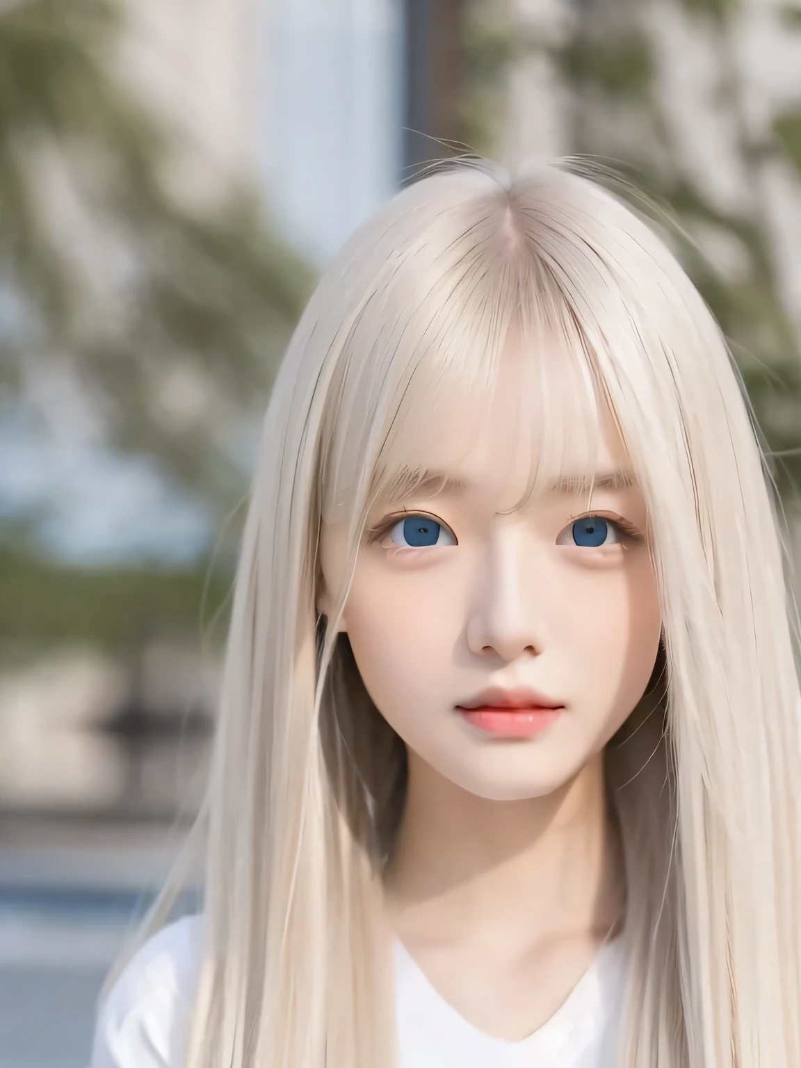 Super Long Straight Silk Hair、Beautiful blonde cute girl posing in white top、the most beautiful girl in the world、Very cute and beautiful good looks、real girls、23 year old girl、Beautiful very soft platinum blonde girl、big blue eyes、、small face beauty、With a round face、bright look、white and beautiful skin、shiny skin、Long bangs on the face,,,,、