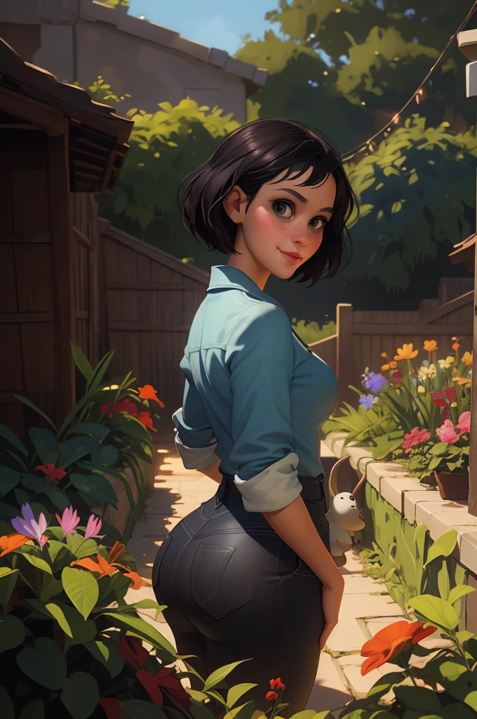 Adorable, Woman,big-eyed woman, Smileing,In the garden,Her hands are behind her...., , large ass,Picture from the side,looking at the scenes, intense colors, Very valuable details, complex details, volumetric lighting, digital art, 8k, trending on Artstation, Clear focus, complex details, highly detail, Greg Rutkowski Big Eyes, high-resolution, Black hair Alieson Brie.