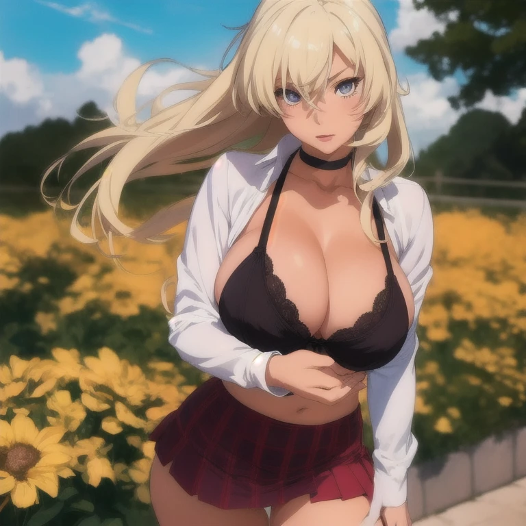 ((masterpiece, best quality, high resolution, UHD, pixel perfect, depth of field, 8k, RTX, HDR))cowboy shot, BREAK, 1girl, single, alone, beautiful anime girl, beautiful art style, anime character, ((style of Akame Ga Kill!)),((long hair, blond hair)), (purple:1.4, round eyes, beautiful eyelashes, realistic eyes), black panties,  big teats 1.7, with cleavage, nipples,  neckline, blushing, wearsa red plaid pleated miniskirt, miniskirt fluttering in the wind, white shirt, black bra, wearing a black choker, in a garden with a sun day, sexy pose.