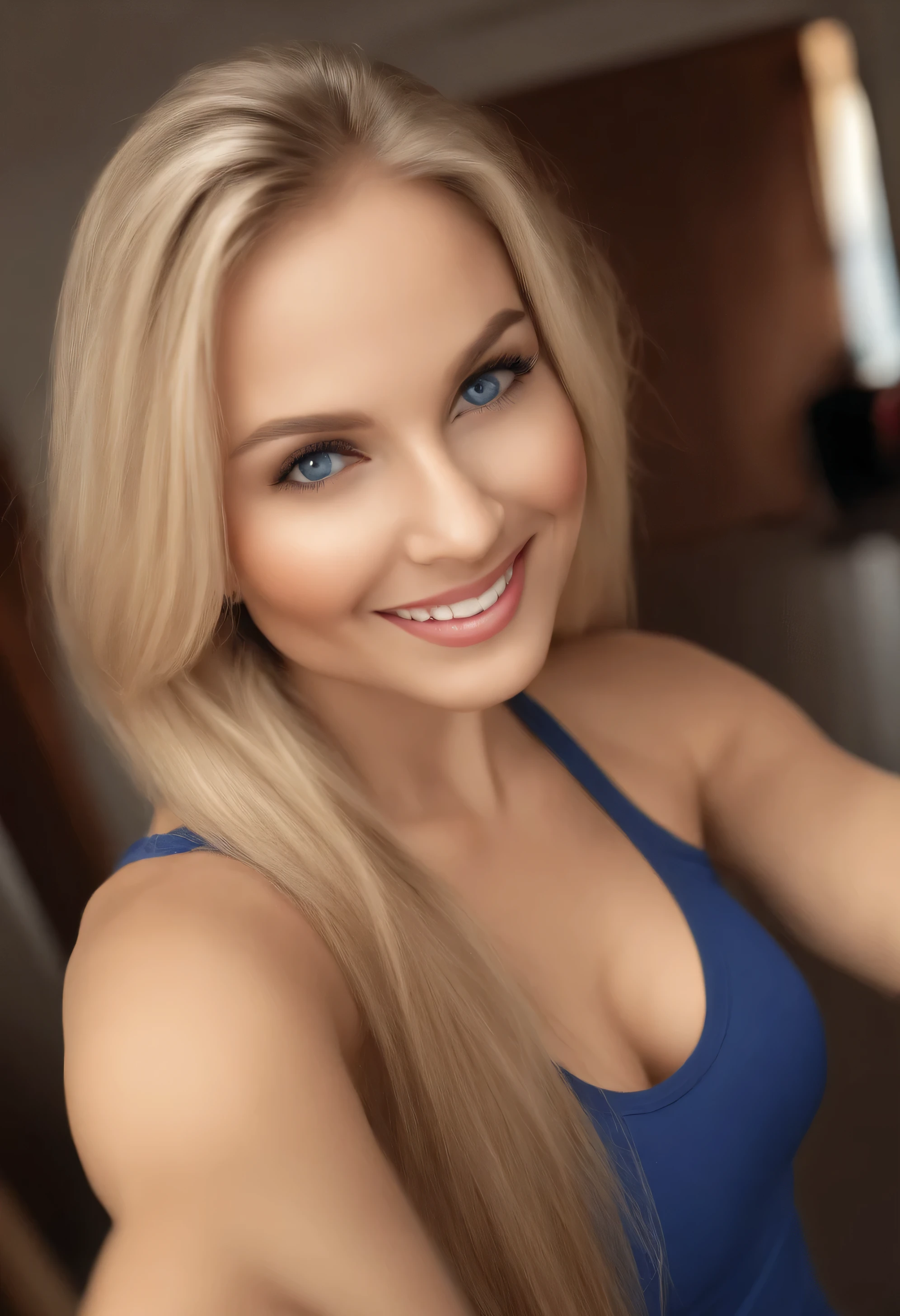 arafed woman fully, sexy girl with blue eyes, ultra realistic, meticulously detailed, blonde hair and large eyes, selfie of a young woman, without makeup, natural makeup, face with artgram, subtle makeup, in the gym, butt in leggins, taking selfie in the mirror, medium to large size bust, full body and legs visible, wide smile teeth