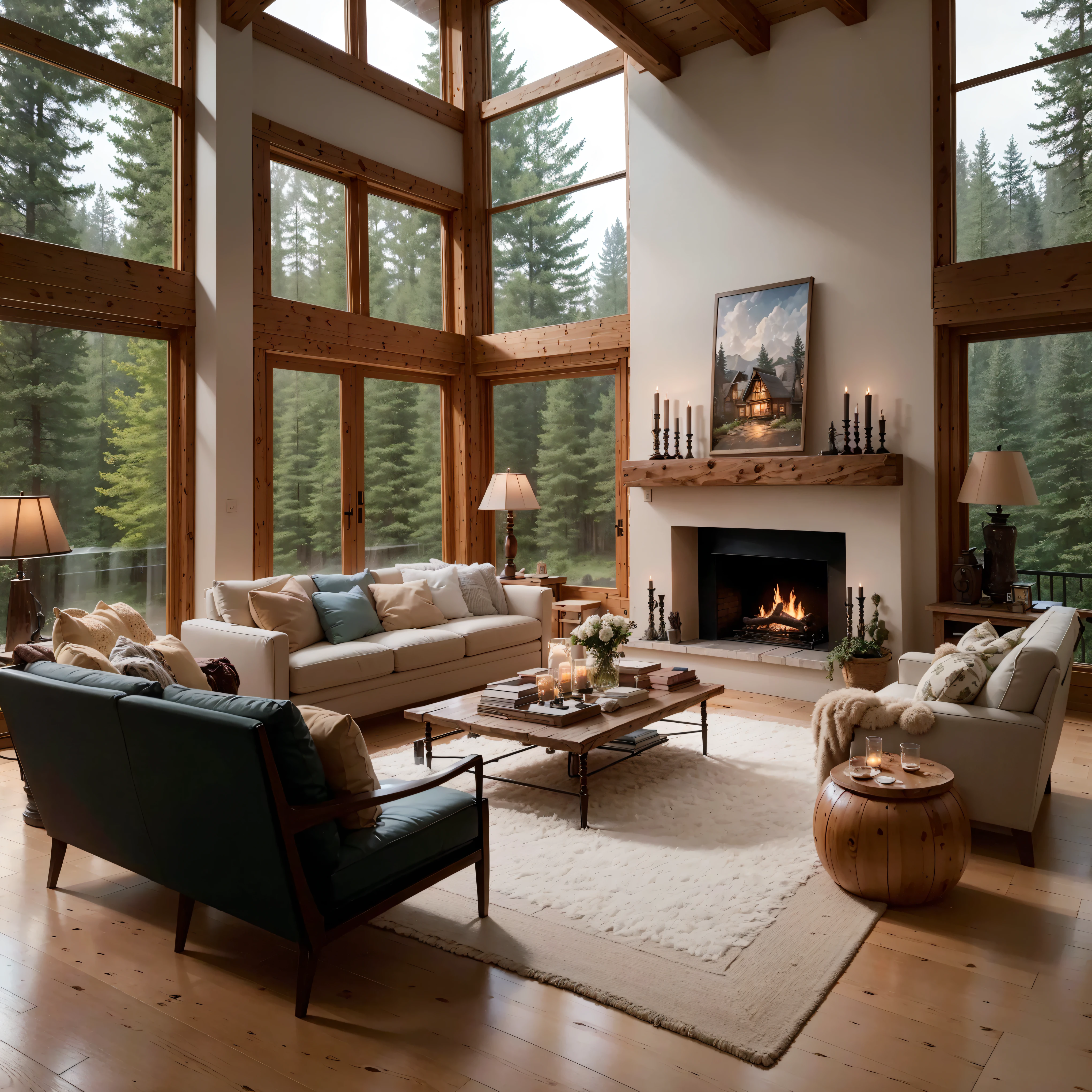 THIS EVENING WOODEN CABIN LIVING ROOM ANIME BACKGROUND, (COZY ATMOSPHERE), (SUBTLE LIGHTING), BRIGHT STONE FIREPLACE FIRE, LIONSKIN RUG THIS EVENING BEST QUALITY, TRANSPARENT GLASS WINDOWS