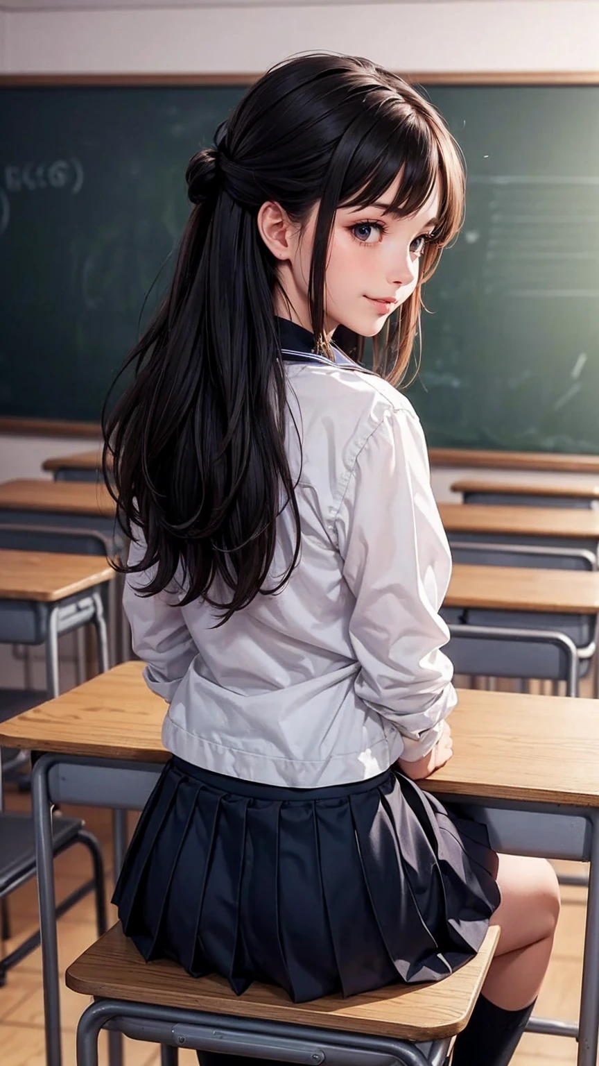 (最high quality, 8K, masterpiece: 1.3, Ultra HD, high quality, 最high quality, High resolution, realism)) 、slender、slenderだがアスリートのような細マッチョ、I don't want my head to disappear from the screen.、inner color((colored inner hair))、Smile((smile))、black hair((black hair))、black eye、Wear a summer sailor uniform、Wear a navy blue pleated skirt、wear white socks、Vertical roll on one side((side drill))、An empty classroom after school、A view from the back of the classroom of a woman sitting at a desk in front of a blackboard、Woman looks towards the viewer、desks are lined up