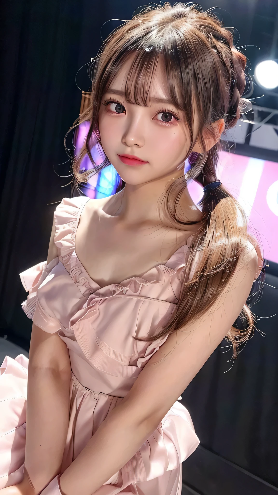 close up of face,blush,face forward,small breasts,,long hair ponytail,on stage,in the spotlight,((8K, Raw photo, best quality, muste piece:1.2), (Reality, photorealistic:1.4), (Highly detailed 8K wallpaper), Depth of the bounds written, cinematic lighting, soft light, detailed beauty eye,Shiny and smooth light brown ponytail, asymmetrical bangs, shiny skin, super detailed skin ,high resolution, high detail, detailed hairstyle, detailed beauty face, hyper real, perfect limbs, perfect anatomy ,1 Japanese girl,famous japanese idol, perfect female body,shy smile,short eyelashes,double-edged eyelids,look straight here,Hair style is ponytail、Pink colored long dress with lots of ruffles, softly shaped skirt, standing on stage,pink ribbon on head,She is wearing a skirt with lots of frills,pose is random,Neat clothes