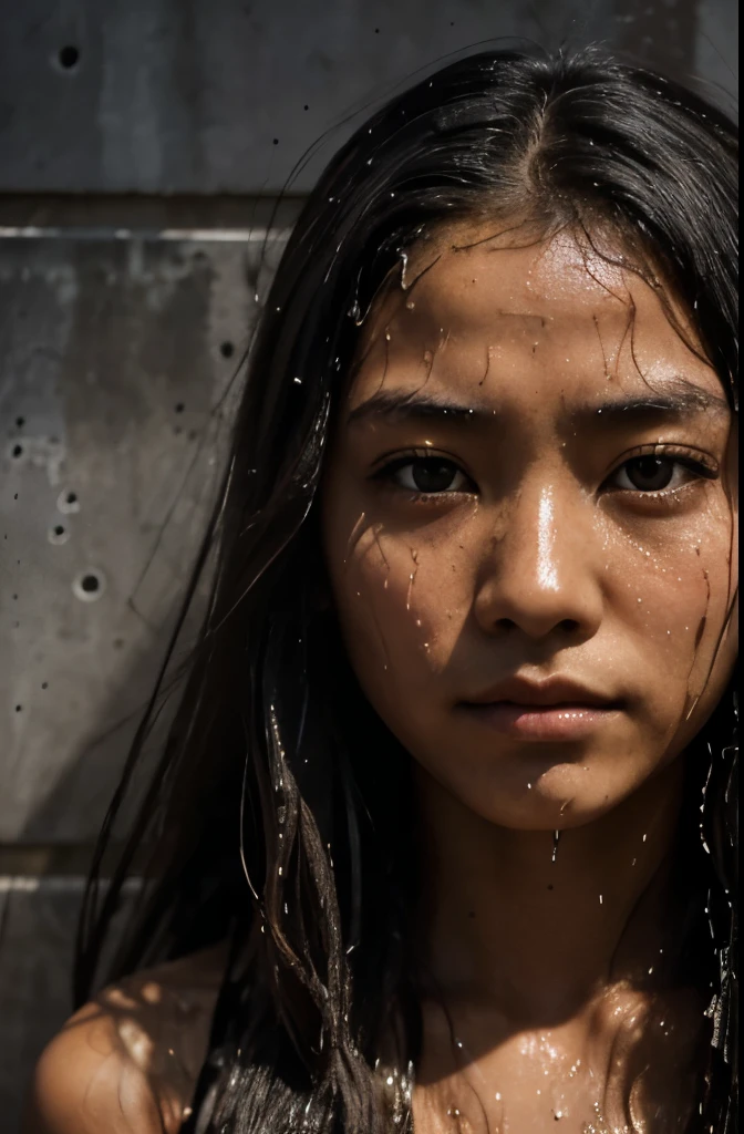 (masterpiece, highest quality, highest resolution, clear_image, Detailed details, photo shoot, 8K, hd): (alone, lone girl, ((Native Japanese)), girl, , hill, golden hour, 10th generation, beautiful girl, nude, long hair, straight hair, medium close-up, looking at camera, looking at the viewer, Tribal women, , deep cleavage　 ((Dark concrete walls))　　((depressed face))　　(scary face)　 (wet disheveled hair)　slave　