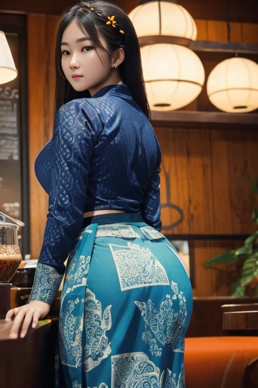 masterpiece, best quality, ultra detailed, high resolution, 1 girl, Burmese girl, playing acoustic guitar, coffee shop background, dynamic pose, back light, 8k, highly detailed, intricately detailed, (acmm ls outfit, wearing acmm top, orange acmm top, long sleeves, wearing acmm long skirt, dark blue acmm long skirt, printed skirt).