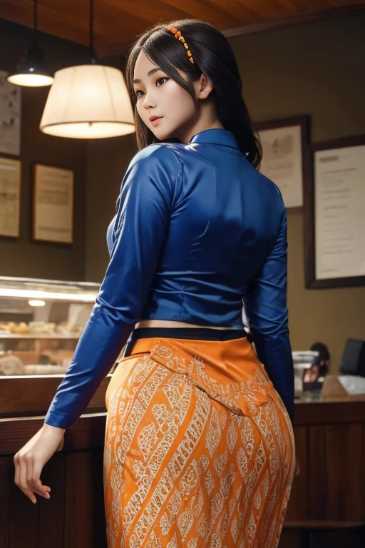 masterpiece, best quality, ultra detailed, high resolution, 1 girl, Burmese girl, playing acoustic guitar, coffee shop background, dynamic pose, back light, 8k, highly detailed, intricately detailed, (acmm ls outfit, wearing acmm top, orange acmm top, long sleeves, wearing acmm long skirt, dark blue acmm long skirt, printed skirt).