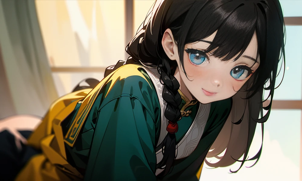 (best quality, ultra-detailed, masterpiece:1.2), beautiful detailed eyes, realistic detailed skin texture, detailed hair, grey environment, Chinese style dress, poverty,  14-year-old, girl's face, black hair, single braid, smile, blush, Chinese architectural style, ancient Chinese girl, close-up of the face, moonlight through the window, natural light,full-body shot