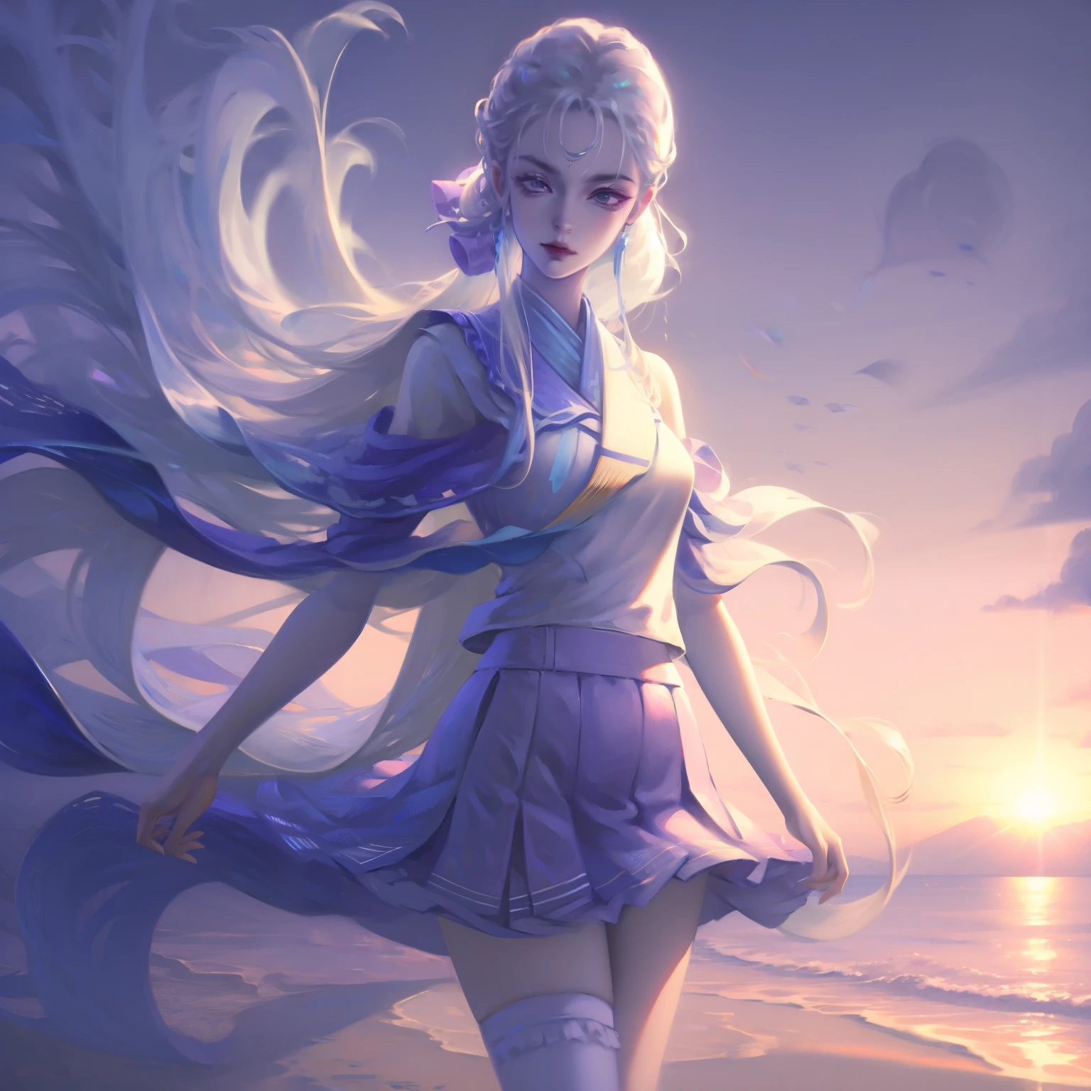 ((masterpiece)), ((best quality)), ((high resolution)), ((Extremely detailed CG unified 8k wallpaper)), alone, Tachibana, tan school uniform, black skirt, white socks, outdoor, Face, cover hair, beach, parted hair, silver hair