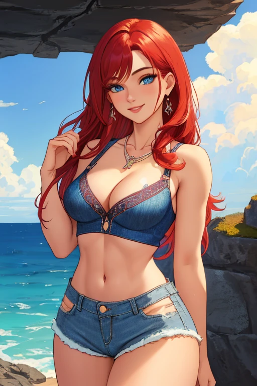 masterpiece,,((ultra detailed background, delicate pattern, intricate detail)), (highly detailed, fine details, rich colors), best quality, beautiful lighting, 1girl, young woman at 22, red hair, solo, long hair, blue eyes, smile,((medium breasts, perfect model physique)), ((V-neck crop top ,denim shorts, necklace)), (Deep Cleavage), (complex detailed background, barren land, rocks, ocean, outside, nature environment), (cowboy shot),