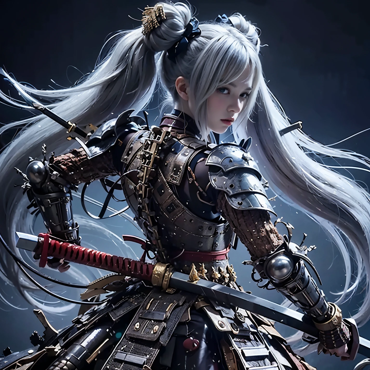(best quality,highres,masterpiece:1.2),mechanical,hydraulic cylinders,samurai armor,Japanese sword,beautiful girl,twin tails,silver hair,realistic,photorealistic:1.37,photo shoot,ultra-detailed,hyper-realistic textures,full body,battlefield