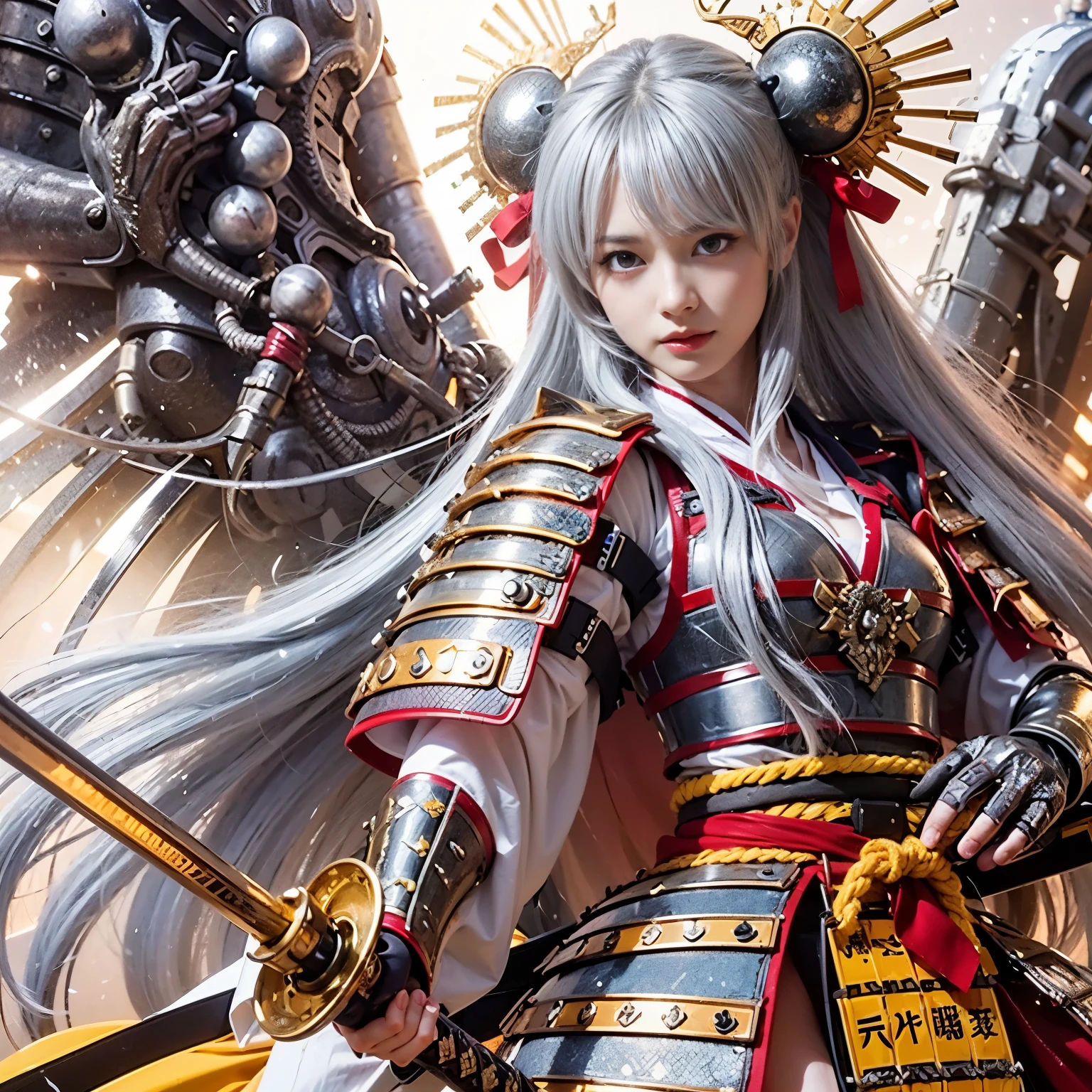 (best quality,highres,masterpiece:1.2),mechanical,hydraulic cylinders,samurai armor,Japanese sword,beautiful girl,twin tails,silver hair,realistic,photorealistic:1.37,photo shoot,ultra-detailed,hyper-realistic textures,full body,battlefield