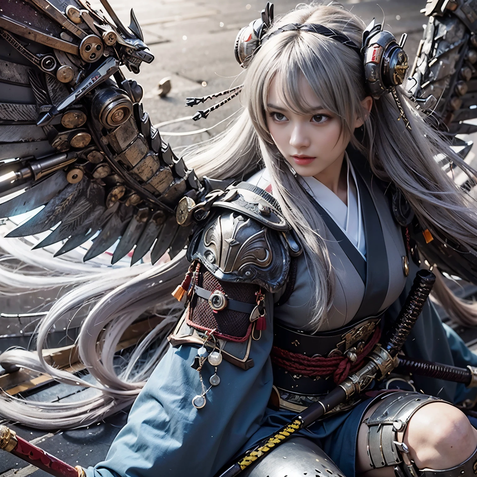 (best quality,highres,masterpiece:1.2),mechanical,hydraulic cylinders,samurai armor,Japanese sword,beautiful girl,twin tails,silver hair,realistic,photorealistic:1.37,photo shoot,ultra-detailed,hyper-realistic textures,full body,battlefield