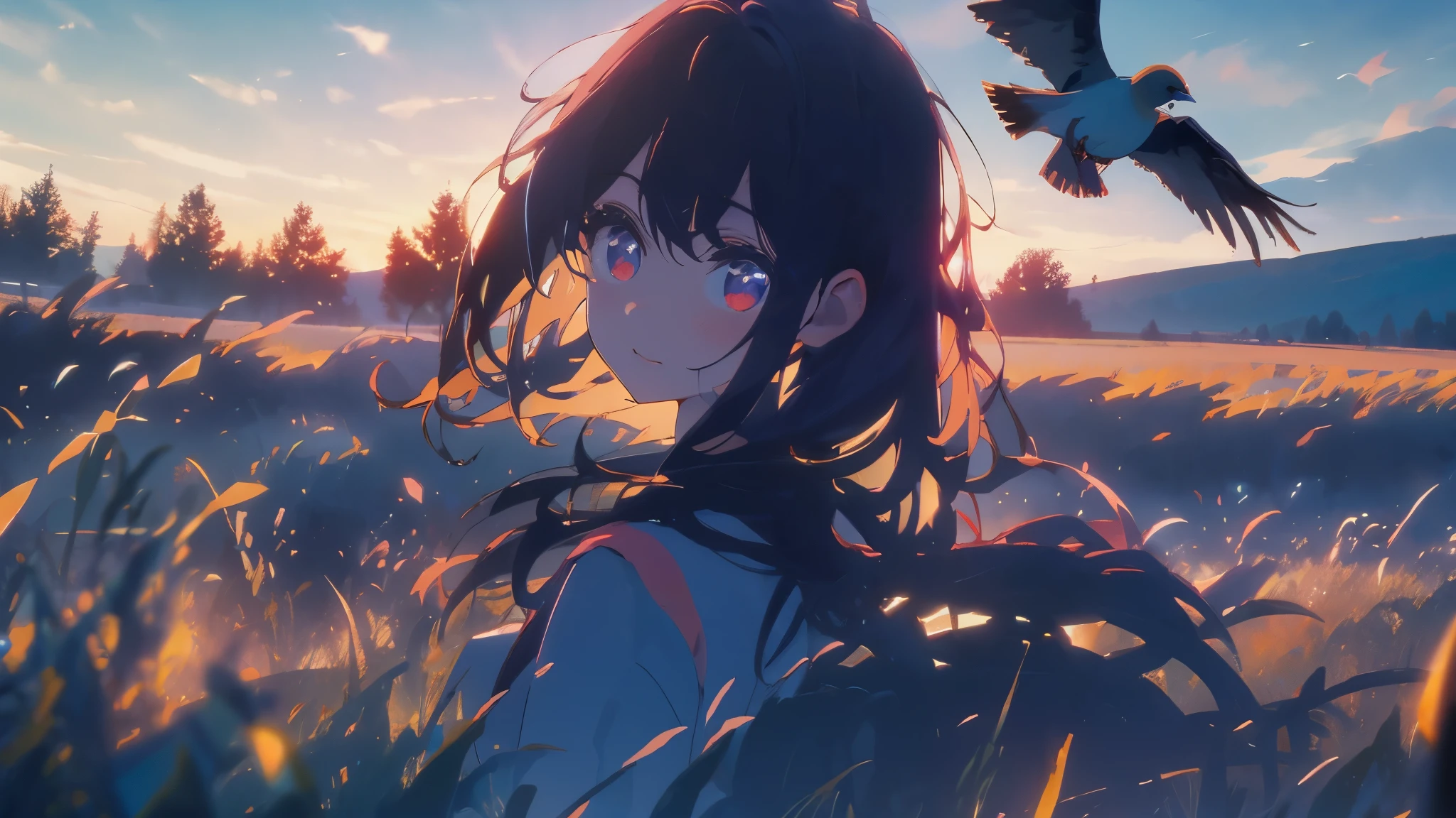 wilderness,field,beautiful girl,bird