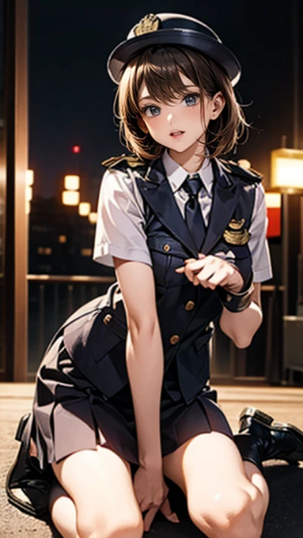 Top Quality, Photorealistic , 8k, High Definition, 1 girl, Female, (medium breasts: 1.8), Office, Pubic hair visible, Grey suit, No panties, Skirt boldly pulled up, At work (((sitting at desk and legs wide open)), Knees bent and legs open, Little short hairstyle, Stockings, Red sheer panties