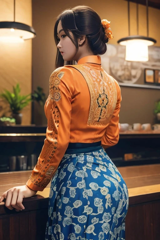 masterpiece, best quality, ultra detailed, high resolution, 1 girl, Burmese girl, playing acoustic guitar, coffee shop background, dynamic pose, back light, 8k, highly detailed, intricately detailed, (acmm ls outfit, wearing acmm top, orange acmm top, long sleeves, wearing acmm long skirt, dark blue acmm long skirt, printed skirt).