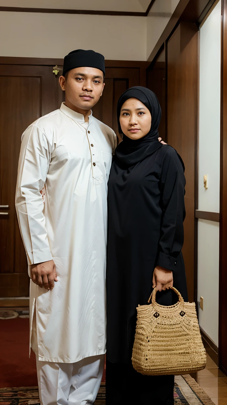 Indonesian Moslem married couple pose in standing staring at camera