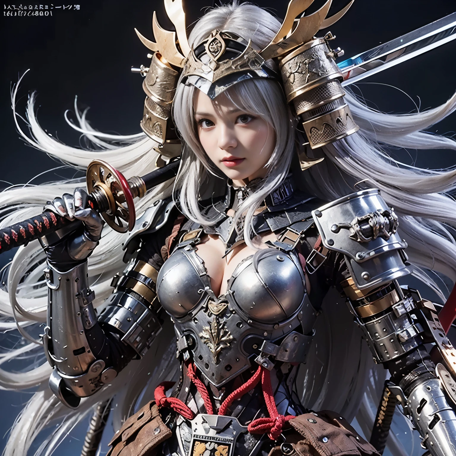 (best quality,highres,masterpiece:1.2),mechanical,hydraulic cylinders,samurai armor,Japanese sword,beautiful girl,twin tails,silver hair,realistic,photorealistic:1.37,photo shoot,ultra-detailed,hyper-realistic textures,full body,battlefield
