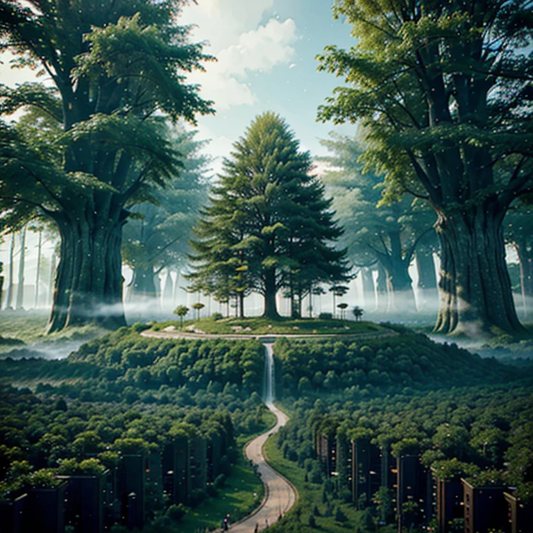 Photo of a magical forest city from the future.