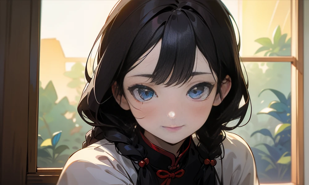(best quality, ultra-detailed, masterpiece:1.2), beautiful detailed eyes, realistic detailed skin texture, detailed hair, grey environment, Chinese style dress, poverty, 14-year-old, girl's face, black hair, single braid, smile, blush, Chinese architectural style, ancient Chinese girl, close-up of the face, moonlight through the window, natural light,full-body shot