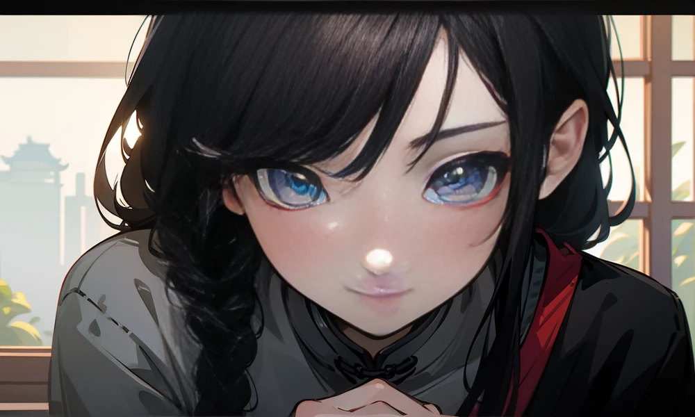 (best quality, ultra-detailed, masterpiece:1.2), beautiful detailed eyes, realistic detailed skin texture, detailed hair, grey environment, Chinese style dress, poverty, 14-year-old, girl's face, black hair, single braid, smile, blush, Chinese architectural style, ancient Chinese girl, close-up of the face, moonlight through the window, natural light,full-body shot