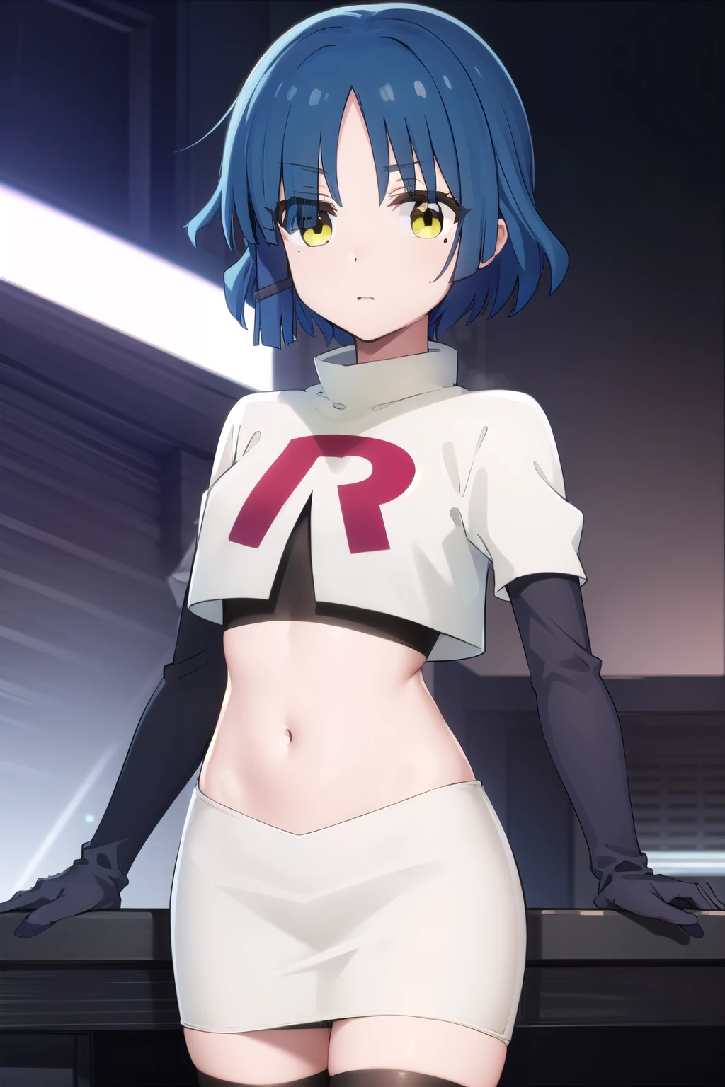 ryouyamada, ryou yamada, blue hair, eyes visible through hair, mole, mole under eye, short hair, (yellow eyes:1.3), hairclips,
BREAK team rocket,team rocket uniform,white skirt,red letter R,crop top,black thigh-highs,black elbow gloves
BREAK looking at viewer, (cowboy shot:1.5),
BREAK (masterpiece:1.2), best quality, high resolution, unity 8k wallpaper, (illustration:0.8), (beautiful detailed eyes:1.6), extremely detailed face, perfect lighting, extremely detailed CG, (perfect hands, perfect anatomy),