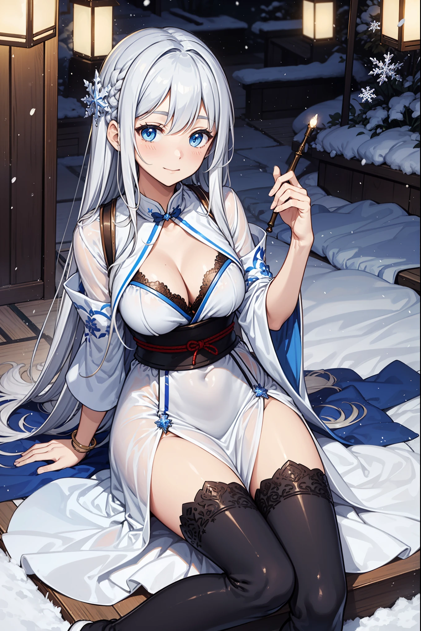 saints,Attractions,having fun,in love,(Western magic white dress),silver hair,blue eyes,Suitable for transparent clothes,Decoration of saints,Sky blue cloth,Snowflake pattern,Sky blue pattern,snowy night,Transparent lace,exquisite clothing,sitting position,the only person,Japanese garden,(night:1.1),snow,(Long suspender boots:1.1),Exquisite and beautiful face,sitting position