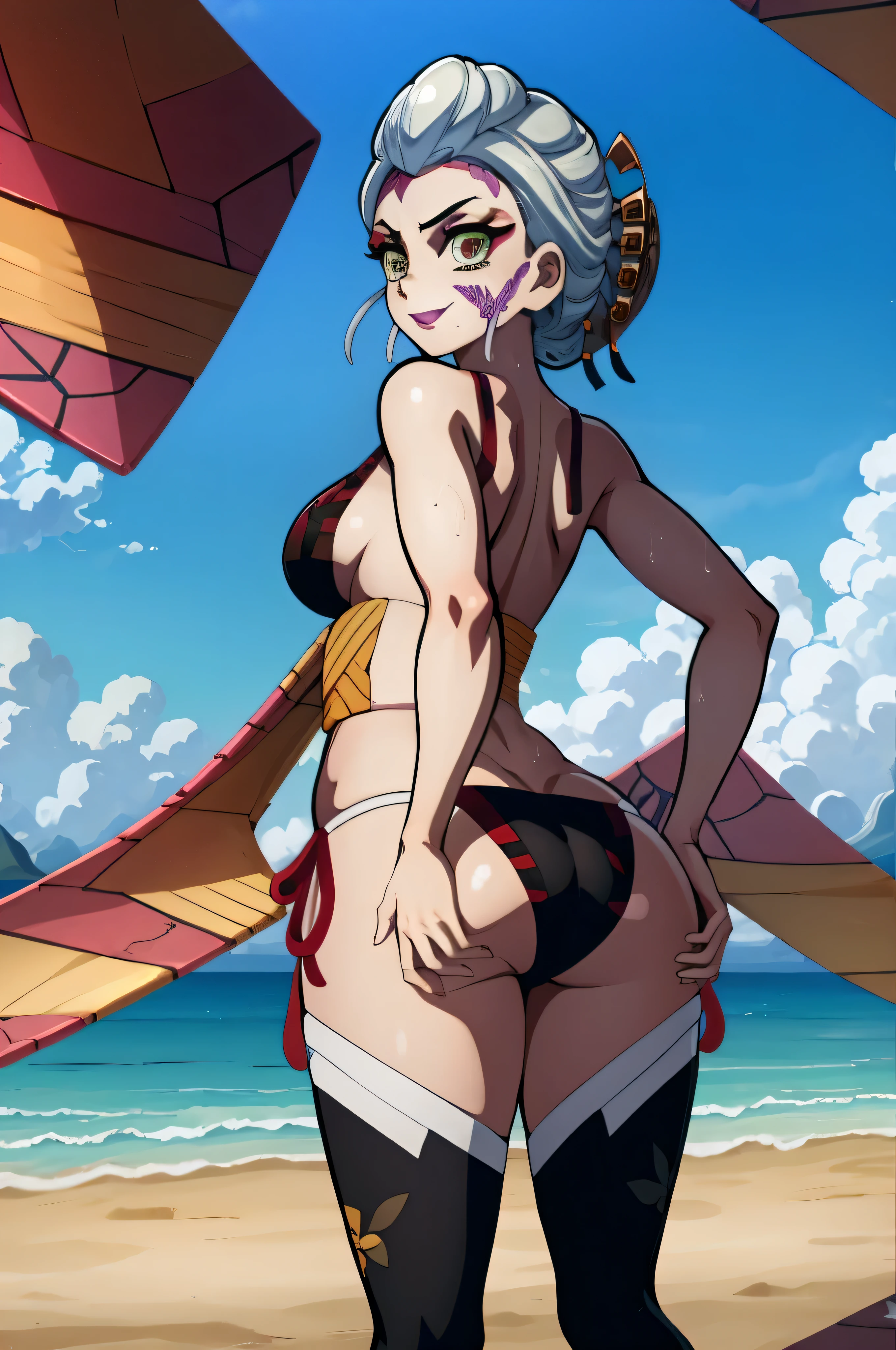 (masterpiece, best quality),  intricate details,
1girl,    daki-demonslayer, daki-def, daki-black,, daki-eyes
indoors, japanese room,  IncrsSlitPupil, slit pupils, score_7_up, BREAK source_anime, 1girl, solo, professional light, huge ass, big ass, small bikini, looking back at viewer, sunny, beach, beach background, sand, ocean, rear pov, dripping wet, flirty smile, small smile, head turning back, standing up, standing straight up, hand on hip, turning back, bikini, huge breasts, big butt, large butt, large ass, big breasts