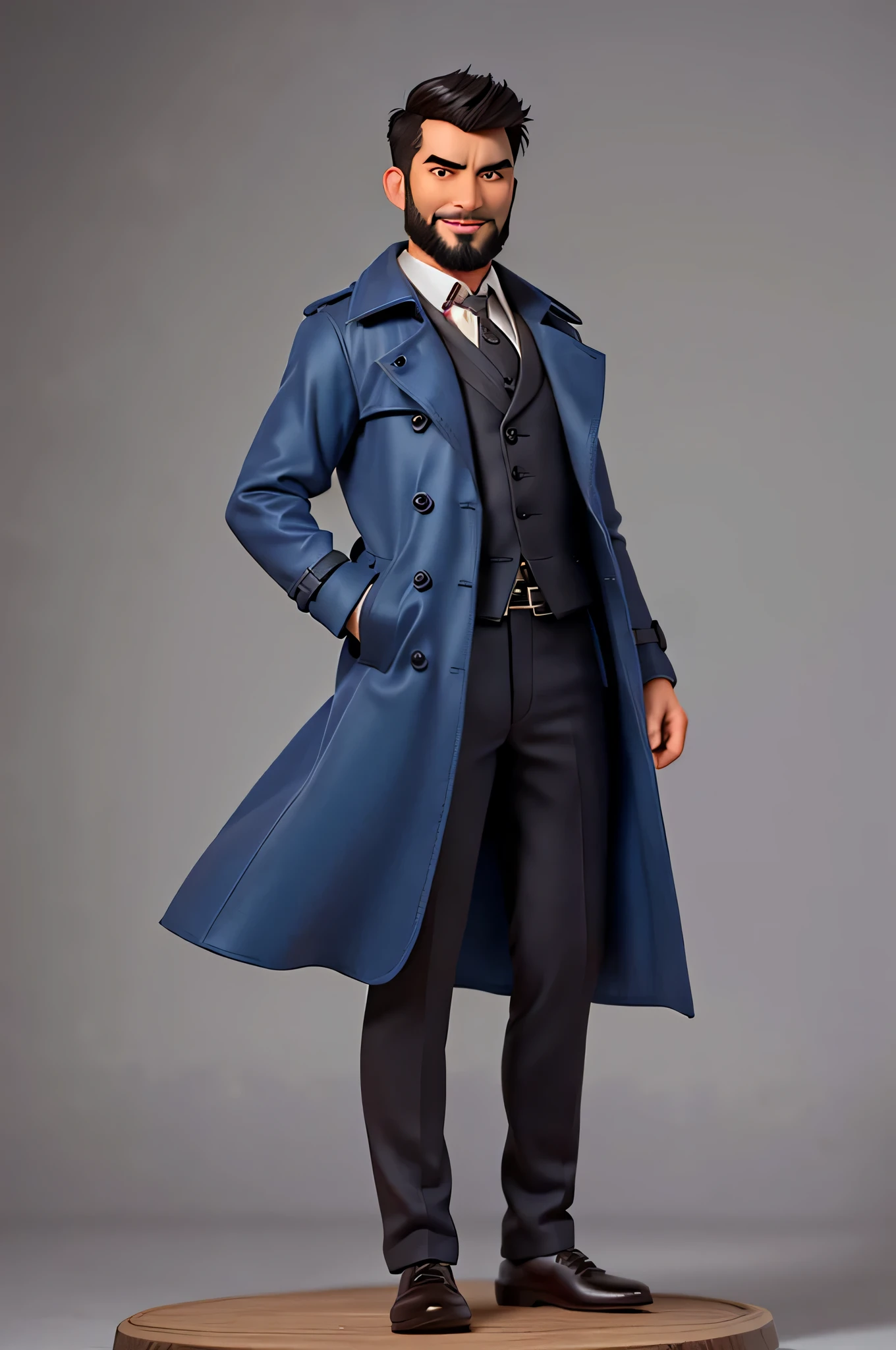 masterpiece, best quality, 1 person, mature male, ((Blue trench coat)), short hair, Grow a beard, Quiet and charming Chinese men, strong male, 30 years old, smiling expression, extremely detailed face, Stretched brows, ((Dark grey eyes)), ((Dark brown right swept short hair)), [thick eyebrows], movie lighting, looking at the audience, Posture dynamics, victorian era, White background