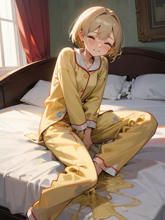 high resolution、female、short hair、pajamas、two arms、two legs、(Pee)、((Peeing))、I&#39;m in trouble、Crying hard、cry with your mouth open、Close ~ eyes、open legs、bed、Hold the crotch、(大量のPee)、spread legs、