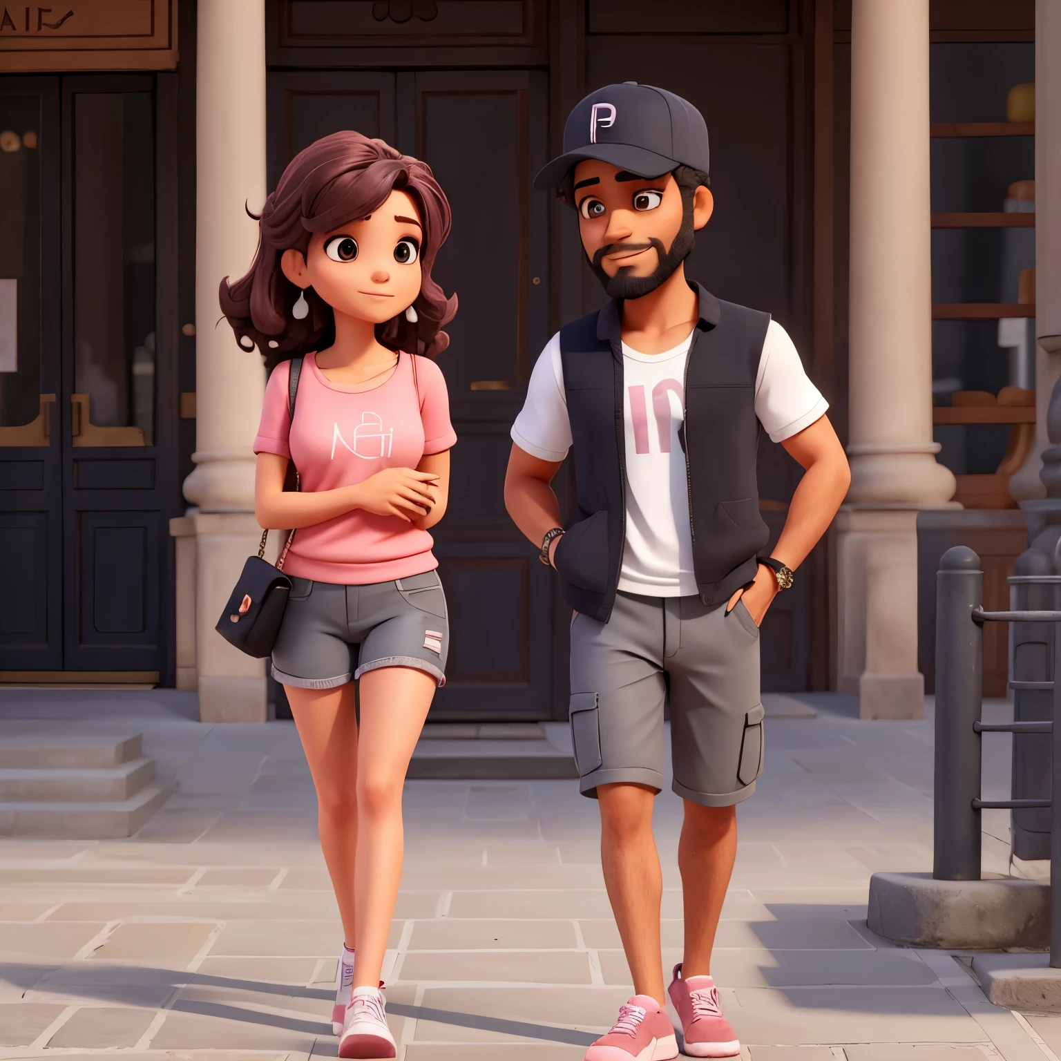mujer con pelo rubio, usando traje rosa y pantalon mezclilla. Junto con un hombre con suadera gris con gorra, barba corta, shorts negros. En Paris