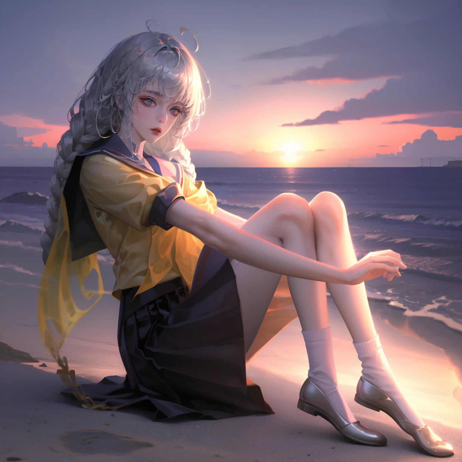 ((masterpiece)), ((best quality)), ((high resolution)), ((Extremely detailed CG unified 8k wallpaper)), alone, Tachibana, tan school uniform, black skirt, white socks, outdoor, Face, cover hair, beach, parted hair, silver hair