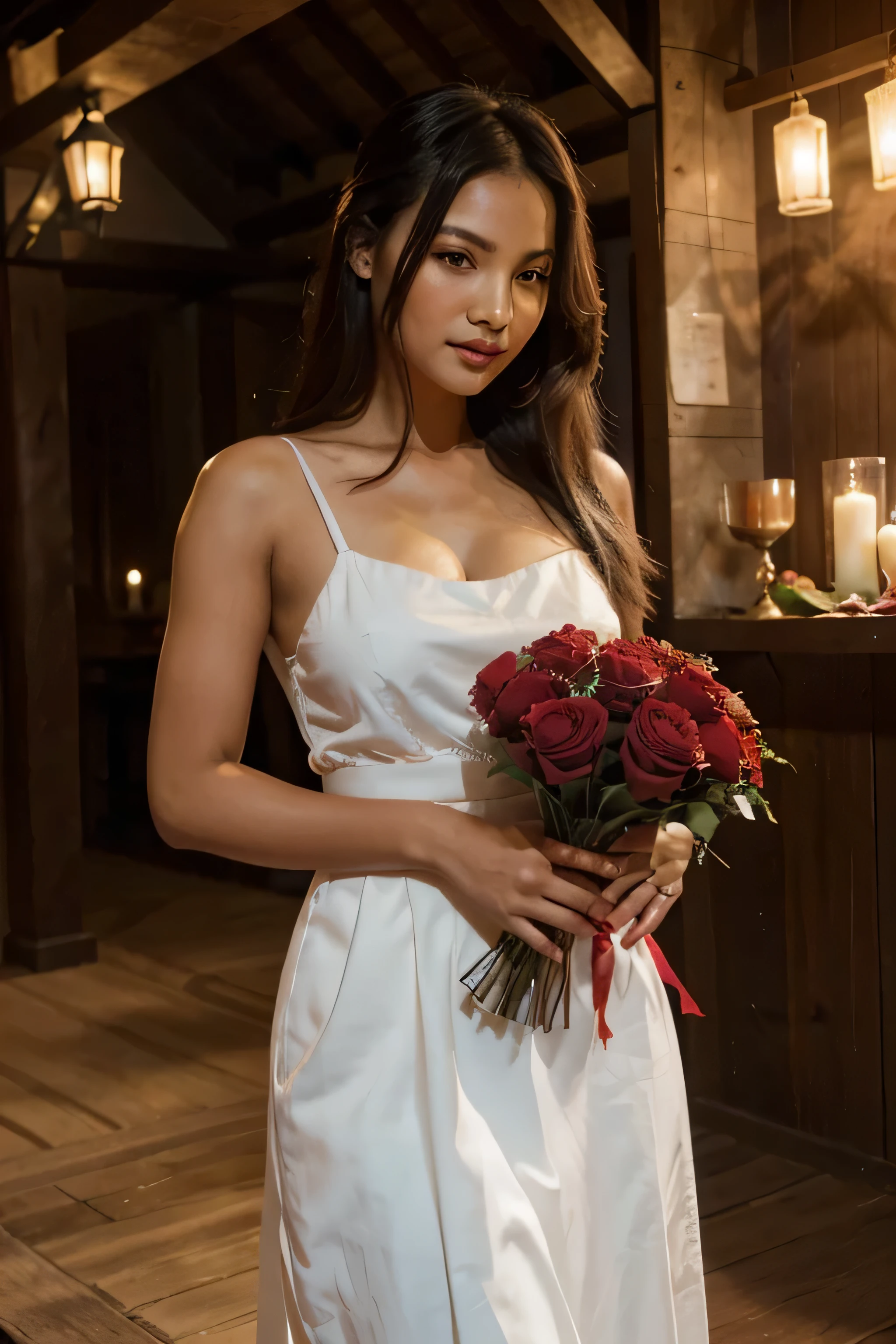 The image of the woman holding a rose bouquet is particularly effective. The woman is beautiful and elegant, and she represents the traditional nepali culture. The rose bouquet she is holding is also visually appealing, and it represents the modern nepali cuisine. The background of the image is also beautiful, with the candles and lanterns creating a romantic atmosphere.