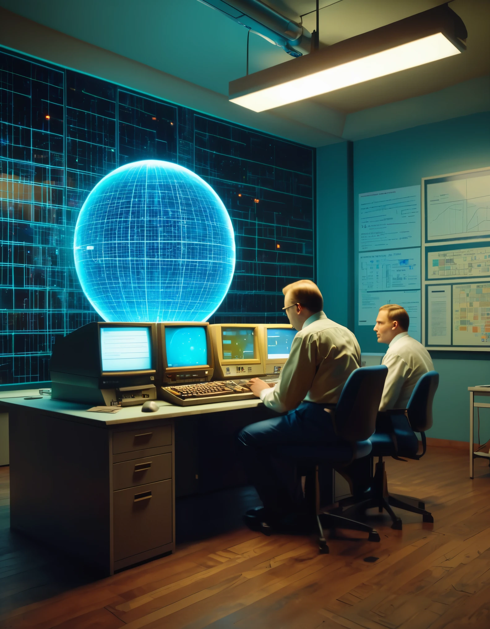 Two men, scientists, young in the laboratory. One man with light brown hair looks at a drawing attached to the wall, which depicts a geometric figure "grid", the second man is sitting at an old computer, 1990s model, blue light from the monitor floods the room. On the wall behind the scientists hangs a huge device, in the center of which there is a glass sphere, in which a black hole is reflected. Illustration in the style of Soviet graphics., cinematic lighting, glowing light, ray tracing, backlighting, wide shot, first-person view, Eye-Level Shot, UHD, retina, masterpiece, ccurate, anatomically correct, textured skin, super detail, 4K, highres