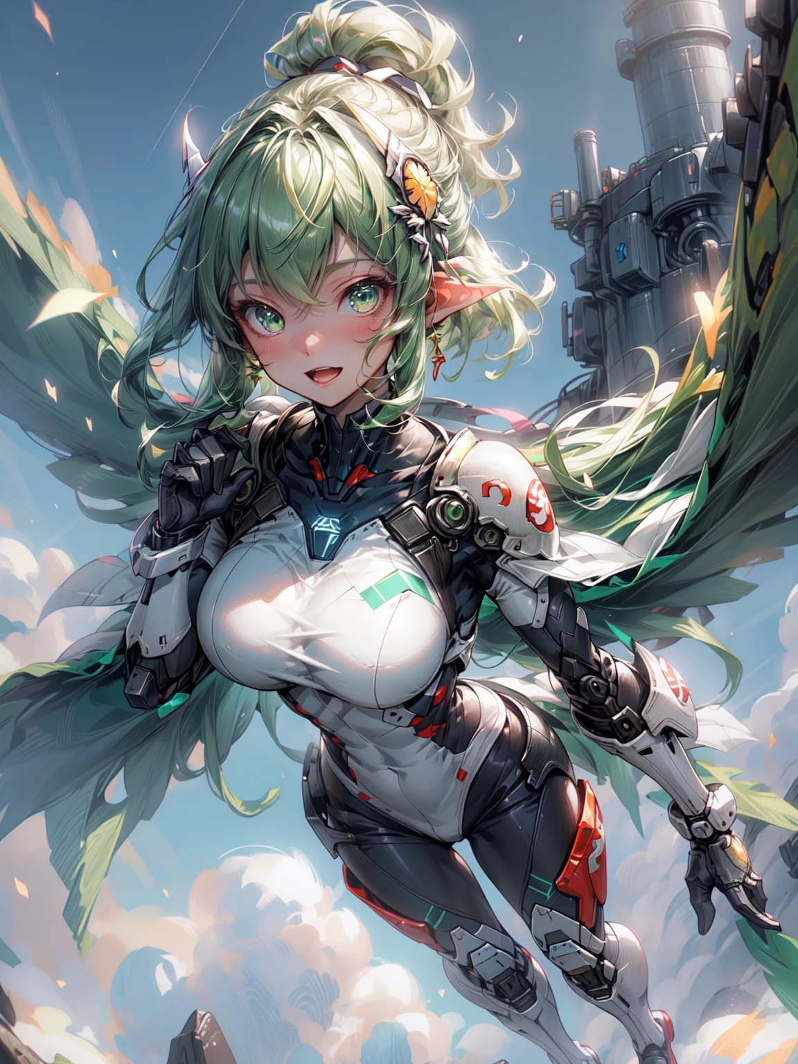 (masterpiece、 highest quality, wonderful, very detailedティッカーユニティ、8k wallpaper, Depth of written boundary, Ultra-fine illustration:1.5)、。.。.。.。.3D, very detailed, (Full body Esbian、mecha dark elf girl:1.3), sci-fi battlefield, Hawken, shy smile, open your mouth、short ponytail hair, (green blonde hair, beautiful green eyes:1.2), sparkling eyes, Embarrassingly cute face, cute, big breasts, delicate hair, messy hair, (((flying high in the sky))、blue and wide sky, White cloud), shiny hair, shiny skin, (Symmetrical mechanical Green Metallic colored mechanical wings that are widely expanded to the left and right so that they protrude wonderfully from the screen, bite, green hair ornament), (particles of light, cinematic lighting: 1.3), (pale pink lips: 0.8), by Yusuke Murata.