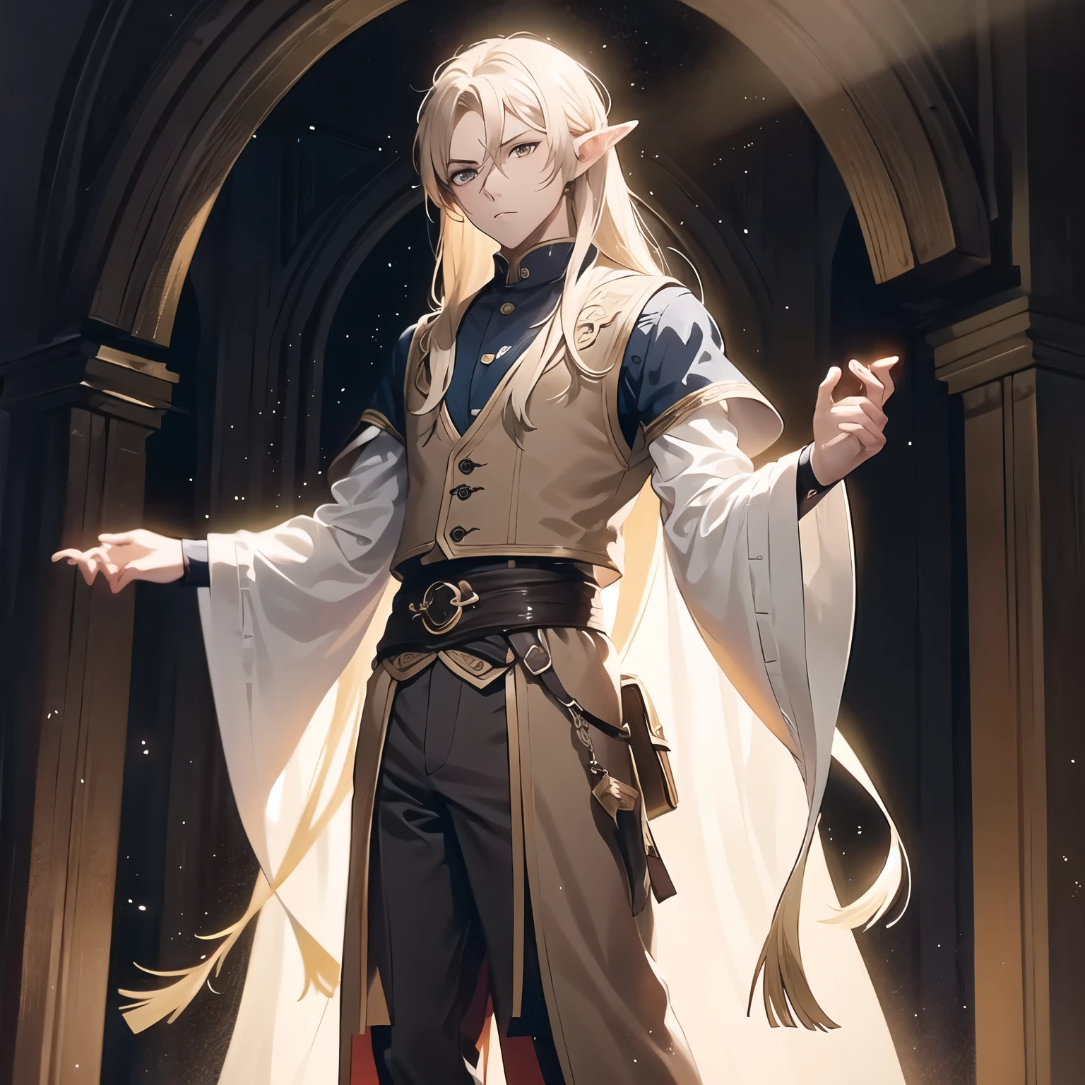 Anime elf, male anime elf, tall handsome, long beige hair, light eyes, long pointed ears, pale skin. Pensive, tired look. Traveler's clothes, shirt, vest and dark trousers, a lot of details in clothes. The magic of light and bright rays flow around. Full-length shot, wide viewing angle, centered, no cropping