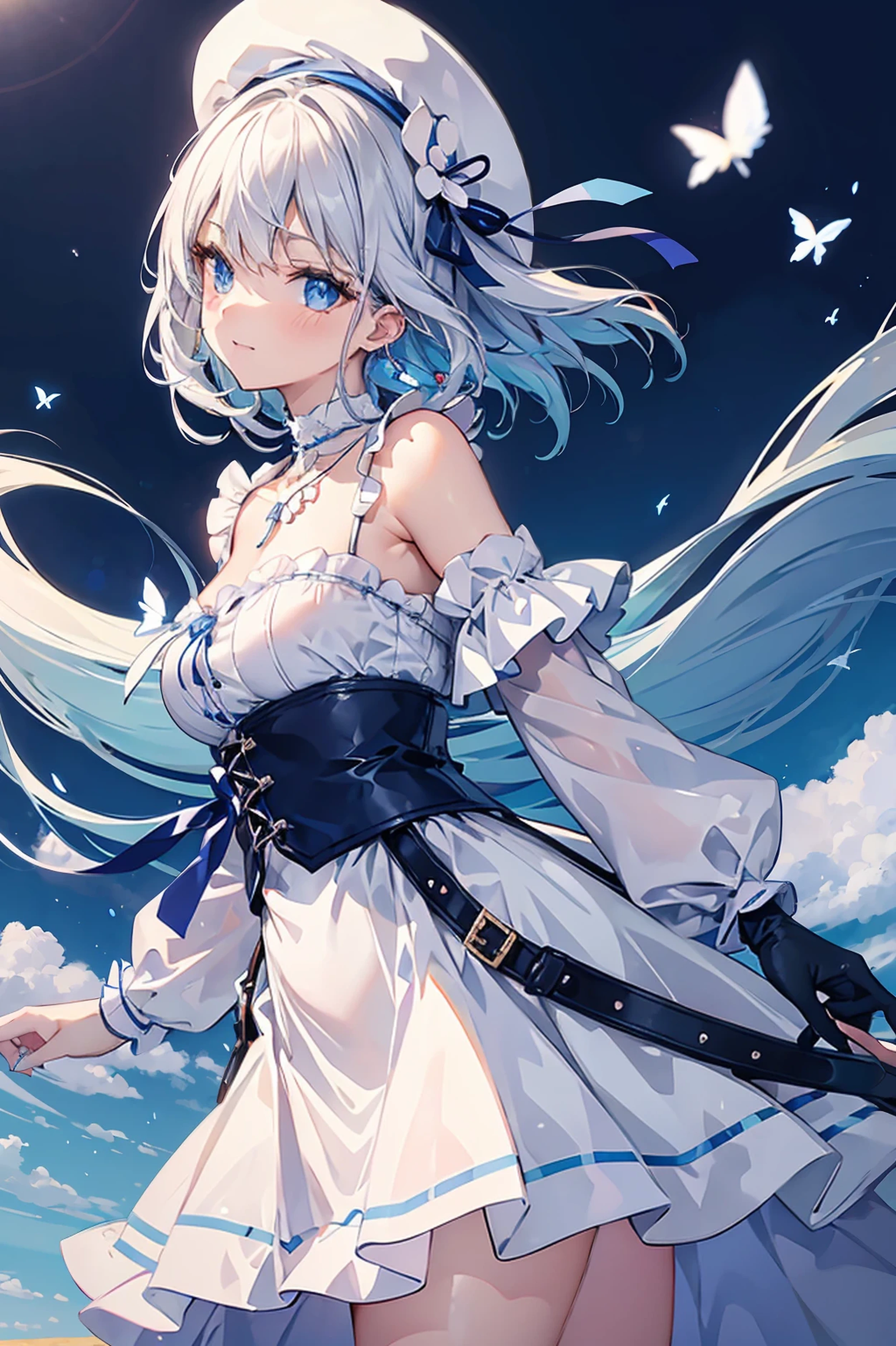 (8K, highest quality, masterpiece:1.2),(blue coloured eye),((Clothes details)),High-definition CG Unity 8k, focus, realistic, shadow, soft lighting, Cowboy shot, white hair, flutter hair, gorgeous, warm smile, Village girl, high waist skirt, white skirt, long sleeves, ribbon, white dress, gloves, Choker noble necklace.