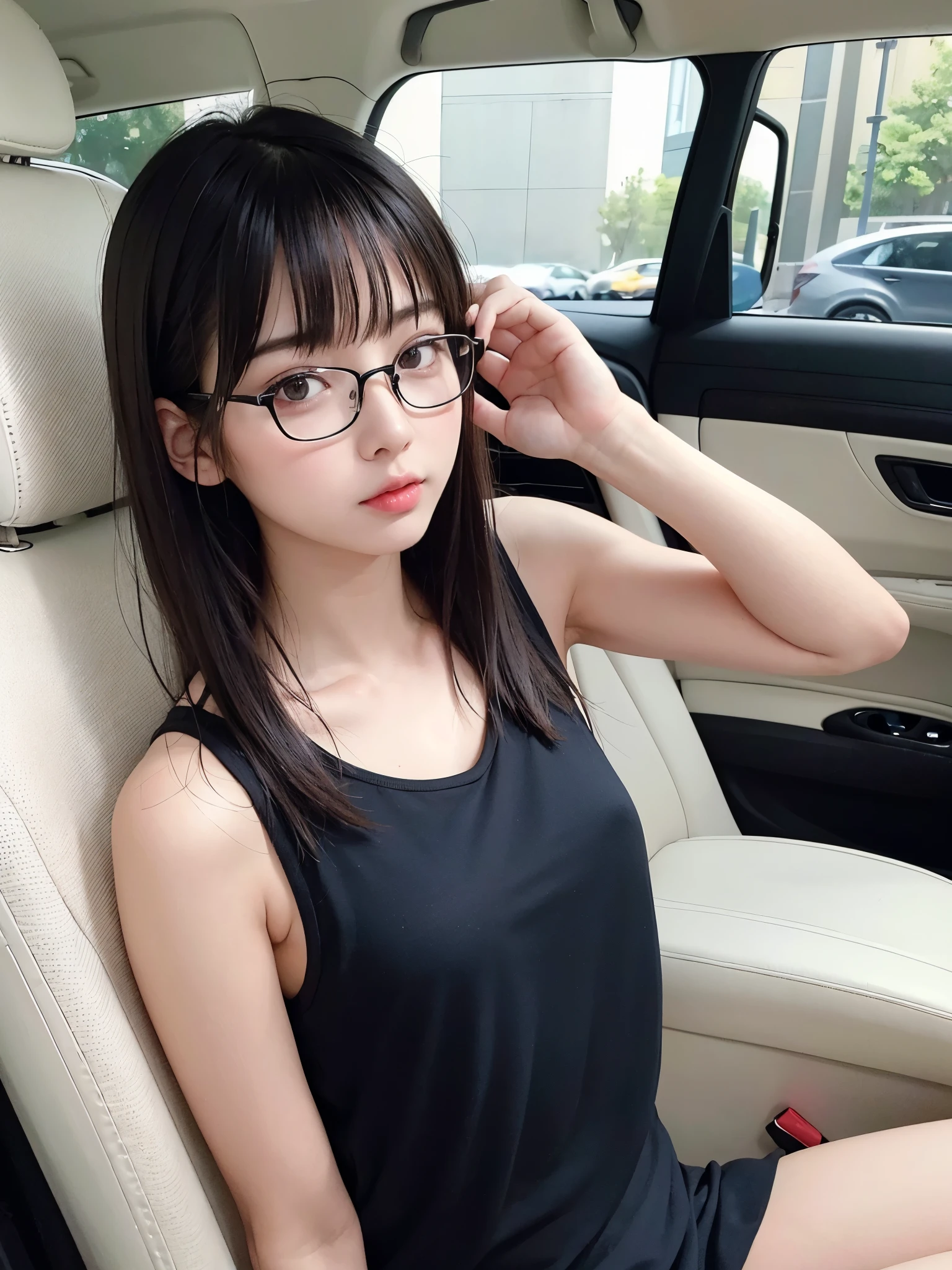 ((master piece))、((super detailed))、((beautiful girl))、(best quality)、(inside the car)、(looking at the viewer)、(realistic black hair)、reflex hair、pout a little、beautiful and fine eyes、big rim glasses、(nude)