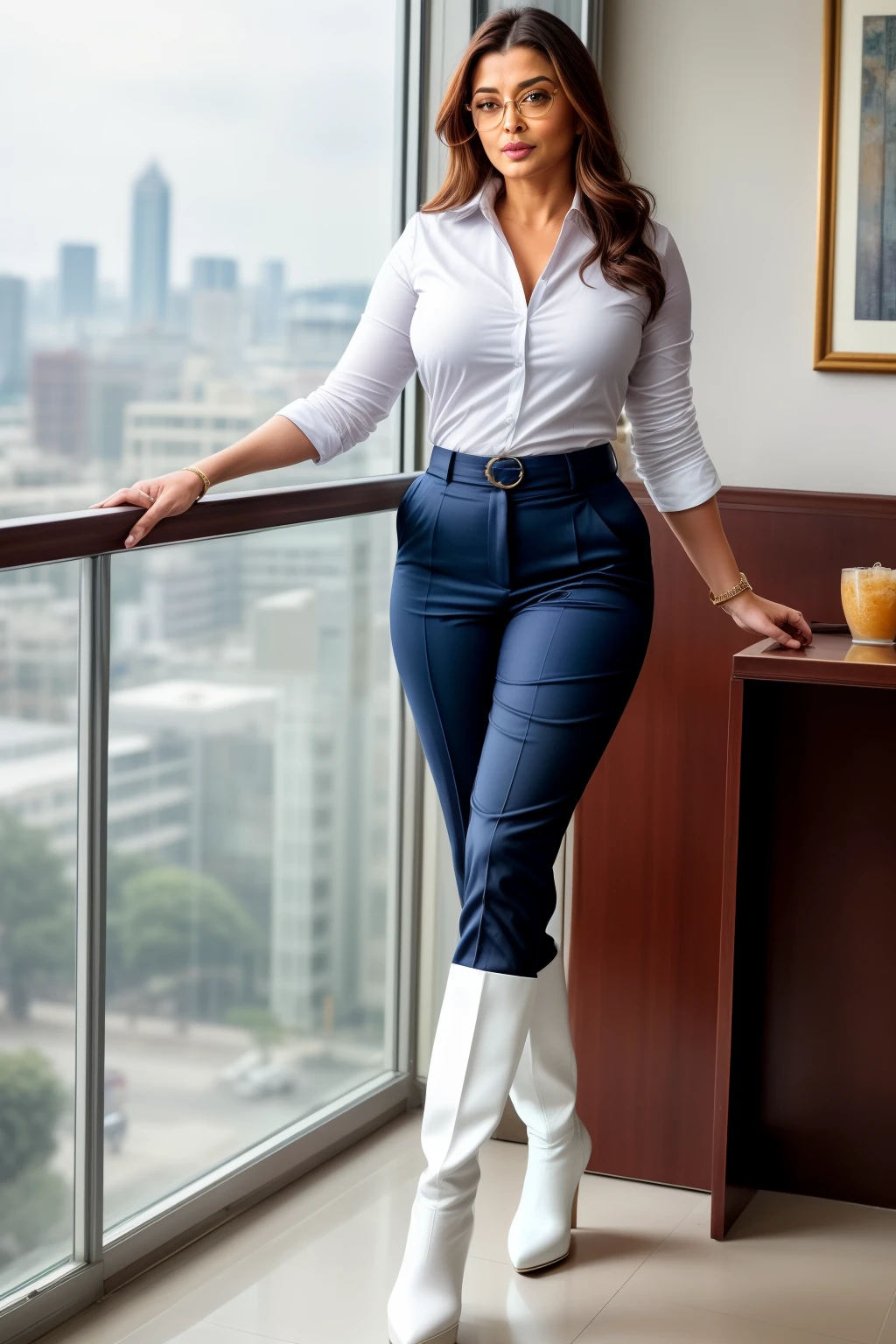 45yo mature milf Aishwarya rai as SEXIEST CORPORATE BOSS LADY, navy blue narrow fit trousers with white unbuttoned open chest satin shirt, ((high boots)), mature healthy milf figure, high ponytail, wearing square glasses, posing in balcony, day scene, mature hourglass figure, look straight at camera, erotic adult face, 45 yo mature milf body, soft volumetric lights, intricate details, (ArtStation:1.2)