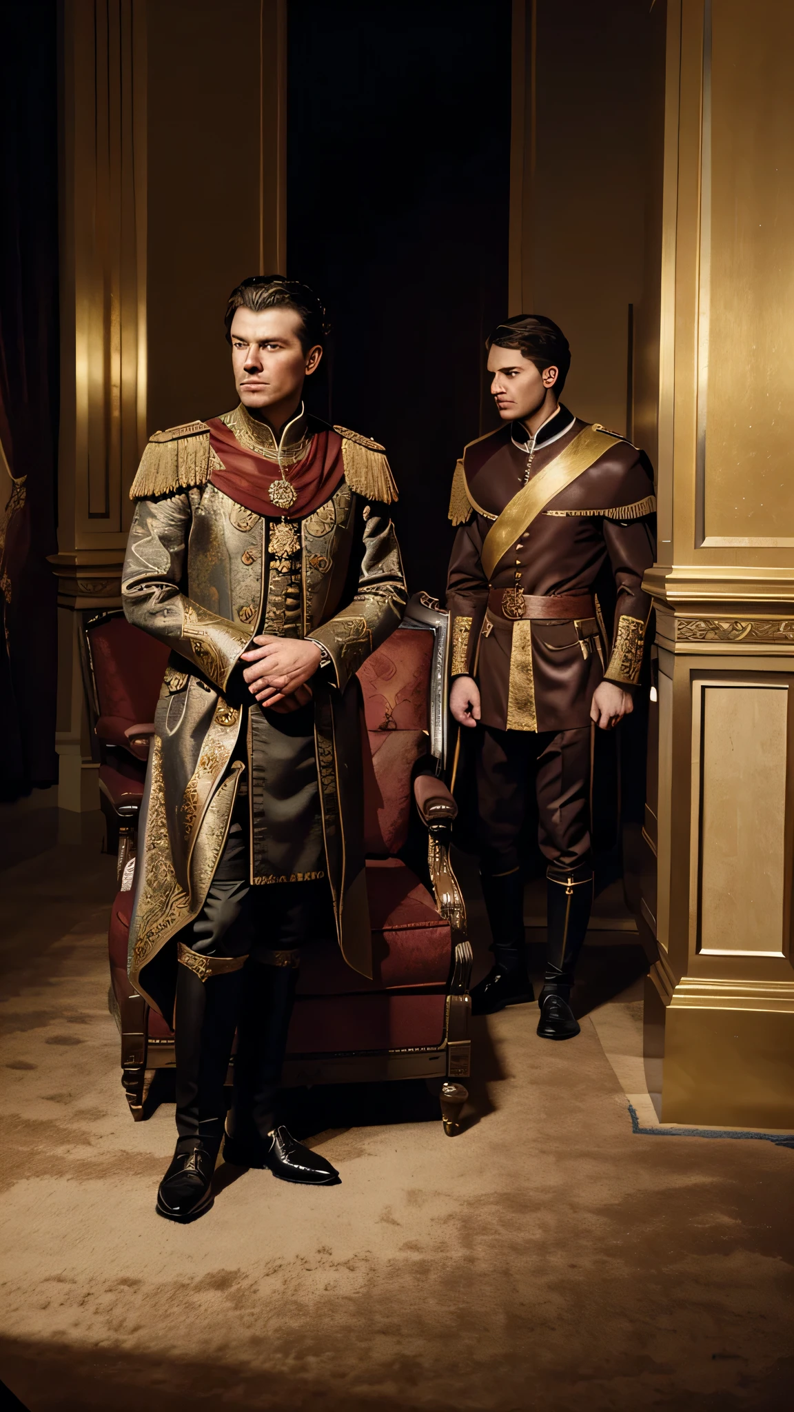 Description: Paul stands before Shaddam in a grand chamber, his expression resolute as he prepares to make his demand. Shaddam, seated on a throne, regards Paul with a mix of curiosity and skepticism.Visual: Paul, flanked by his loyal companions, addresses Shaddam in a majestic throne room adorned with opulent decorations. The atmosphere is tense, with courtiers and advisors observing the exchange with keen interest