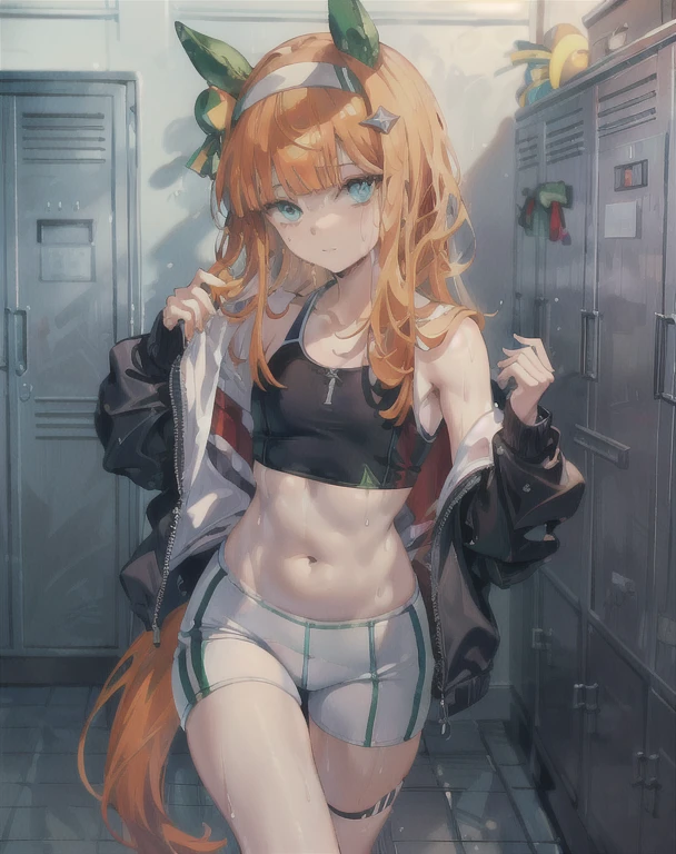 silence suzuka \(umamusume\), (li girl), (Because I'm slender), (small breasts), ((locker room)), teenager girl, one girl, thighs, (Sweat), (wet skin), ((erotic)), ((sensual)), (background wall), (simple background), warm color scheme, Very exquisite body, beautiful delicate shine, cinematic lighting, 4K illustration, masterpiece, highest quality, by top artists, by famous artists, by professional artists, (((No expression))), ((((black sports uniform)))), (((Sports bras and bloomers))), (((Formal sports equipment))), (((Jim Bulma))), ((real shiny skin texture)), ((drenched skin)), ((glowing skin)),