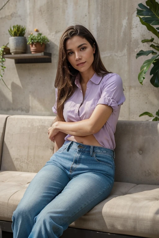(corpo todo), (sitting on a sofa against a cement wall with plants), a 40 year old woman looking at the camera, Cabelo ondulado longo, rosto lindo detalhado, sorrindo, jaqueta jeans, lilac shirt, short jeans, athletic legs, action photo, foto realista, CG, art station, obra de arte, high definition photography