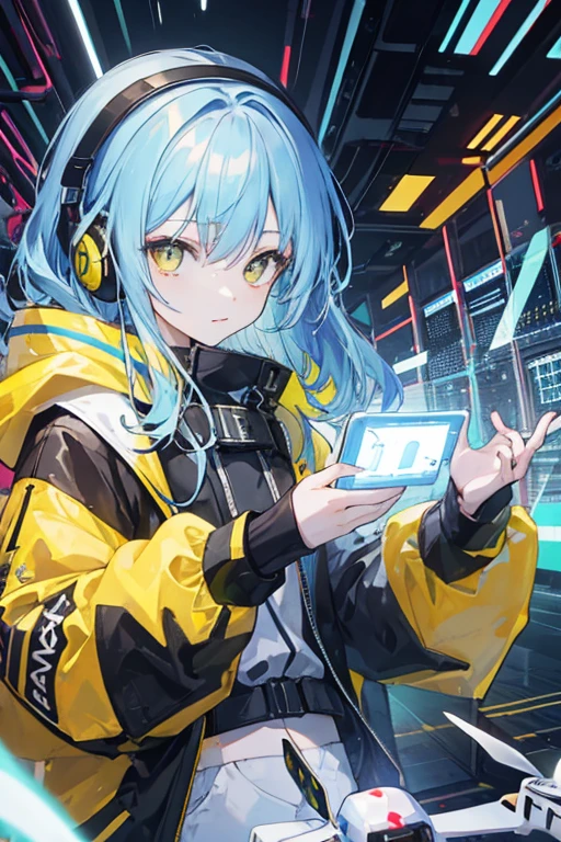 light blue hair, 18 years old, hacker, yellow hair, confidence, Drones, headset, bright eyes, summer clothes, Cyber, digital, Magic
